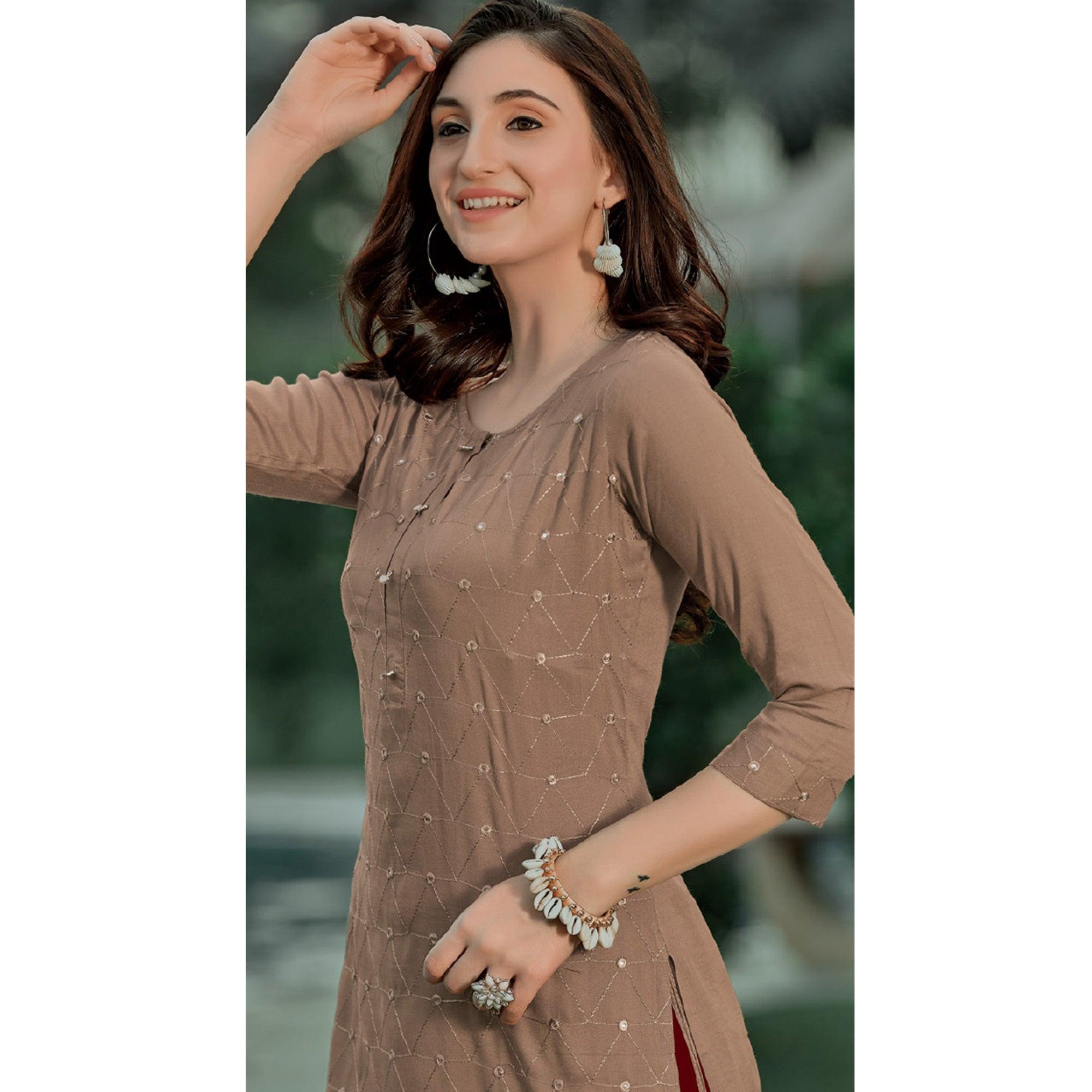 Peachmode Seller Brown Embellished With Embroidered Cotton Kurti - view 4