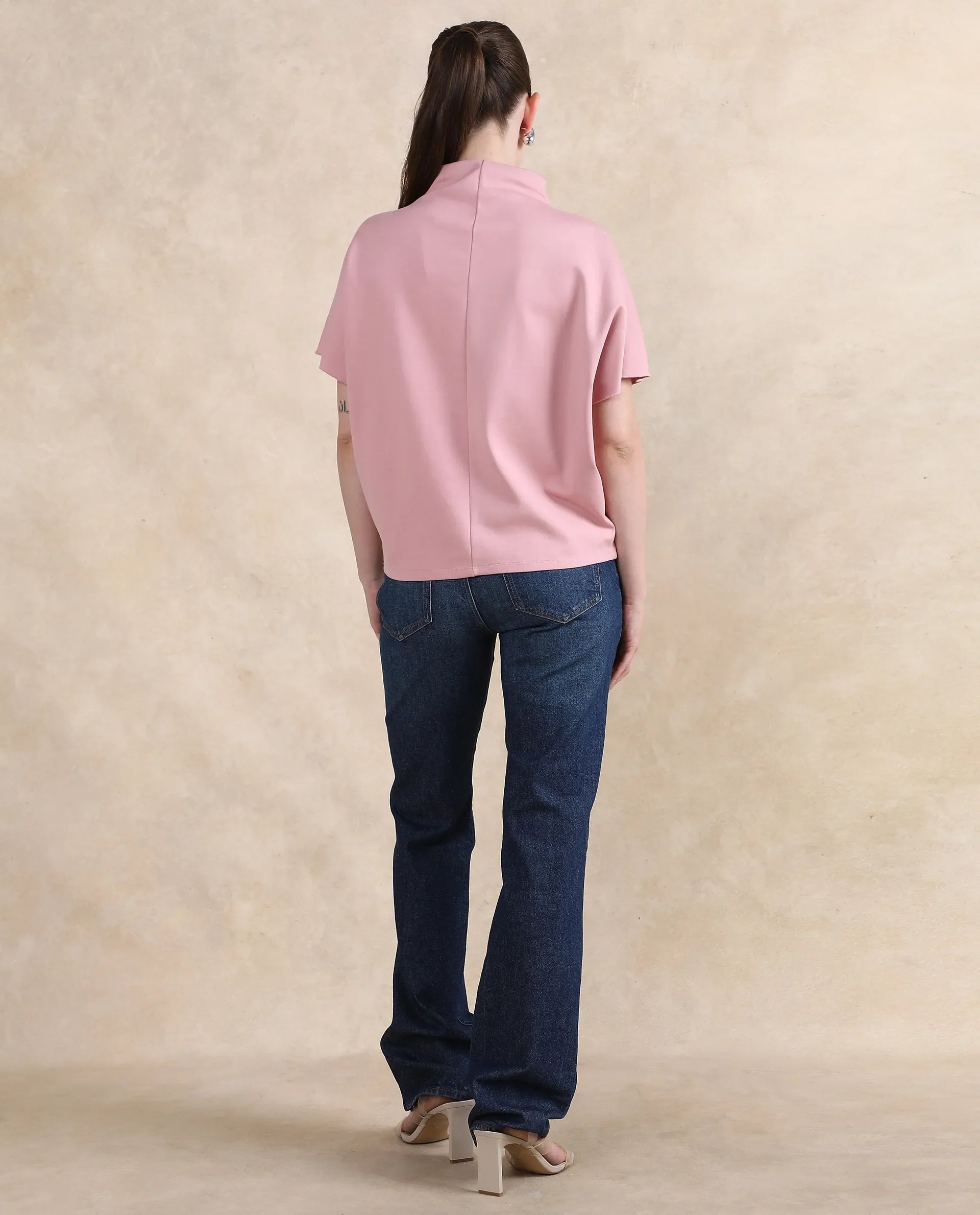 Rareism Women Worknet Pink Cotton Viscose Fabric Extended Sleeves High Neck Relaxed Fit Plain Top - view 8