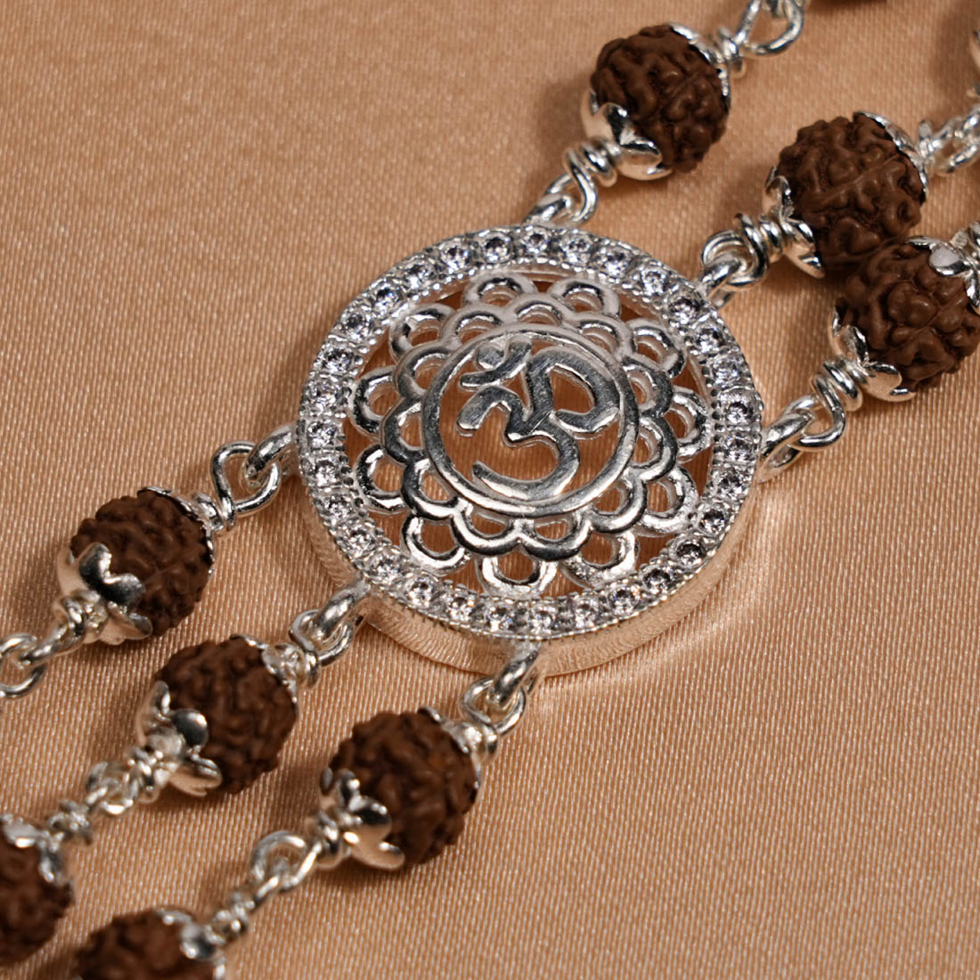 Prinjal Jewellers Rudraksha Silver Om in Flower Bracelet