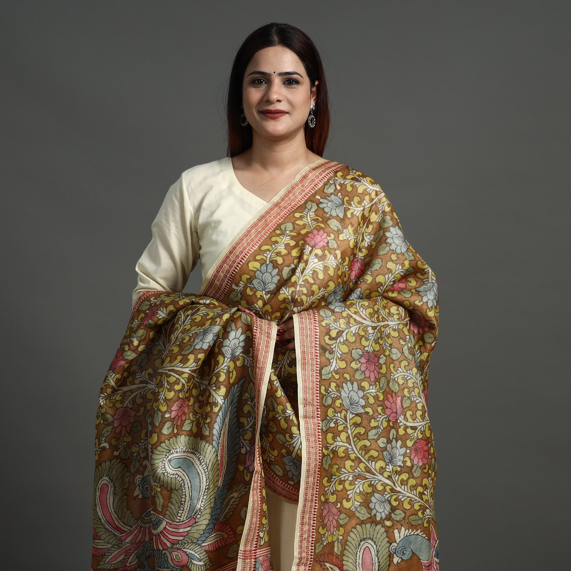 SOUTH KARGHA Brown - Pure Tussar Silk Pen Work Srikalahasti Kalamkari Dupatta with Dobby Border 125 - view 3