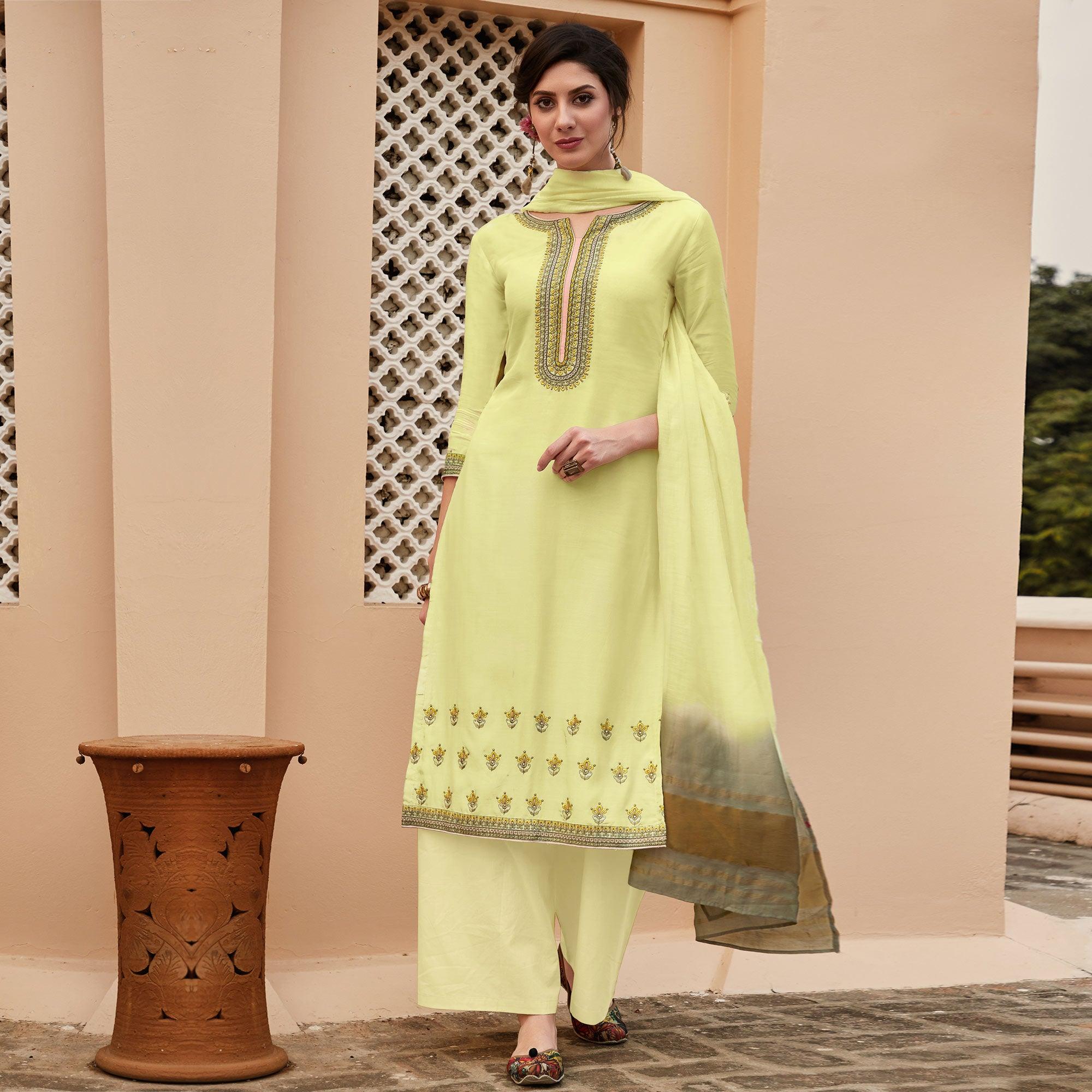 Peachmode Light Yellow Casual Wear Embroidered Georgette Suit
