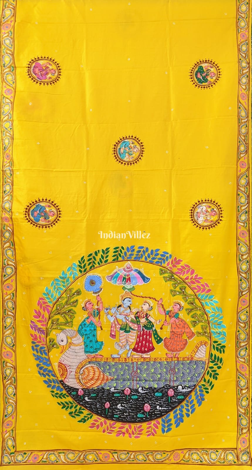 IndianVillèz Yellow Krishna Rasa Leela Boita Theme Hand-Painted Pattachitra Saree (Pre Order)