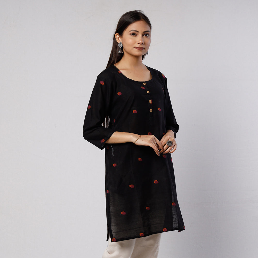 ITOKRI CASUALS Black Jamdani Handloom Cotton Short Kurta