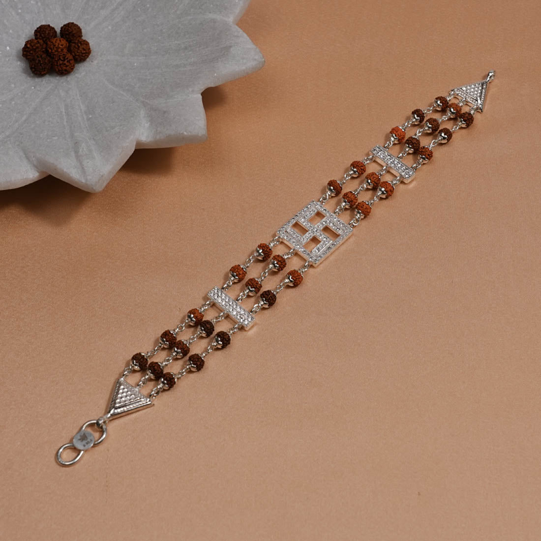 Prinjal Jewellers Rudraksha Silver Swastik Brooch Triple Line Bracelet - view 2