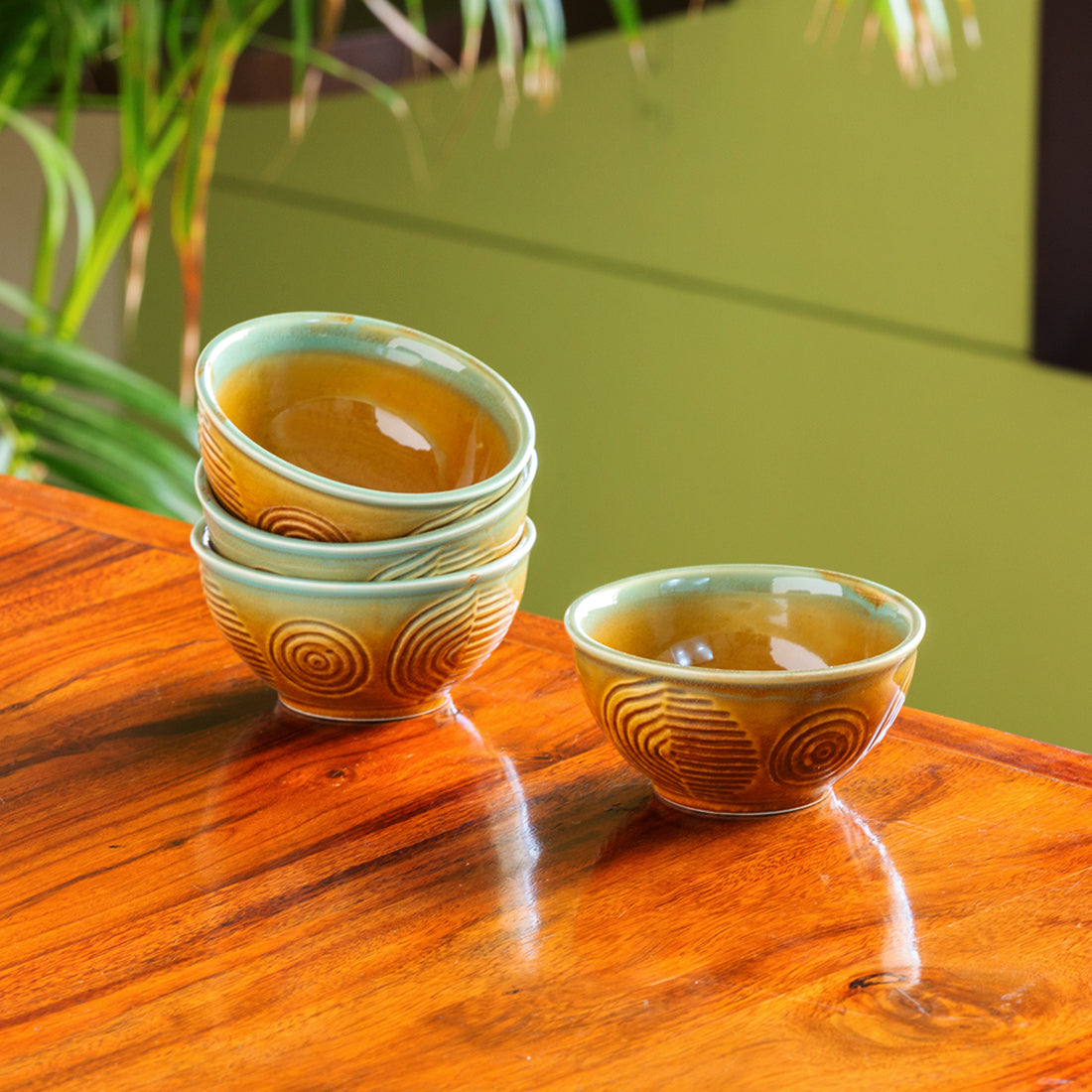 EXCLUSIVELANE Brown 'Peacock Boulevard' Hand-Engraved Ceramic Dining Bowl Katoris (Set of 4, 200 ML, Microwave Safe)