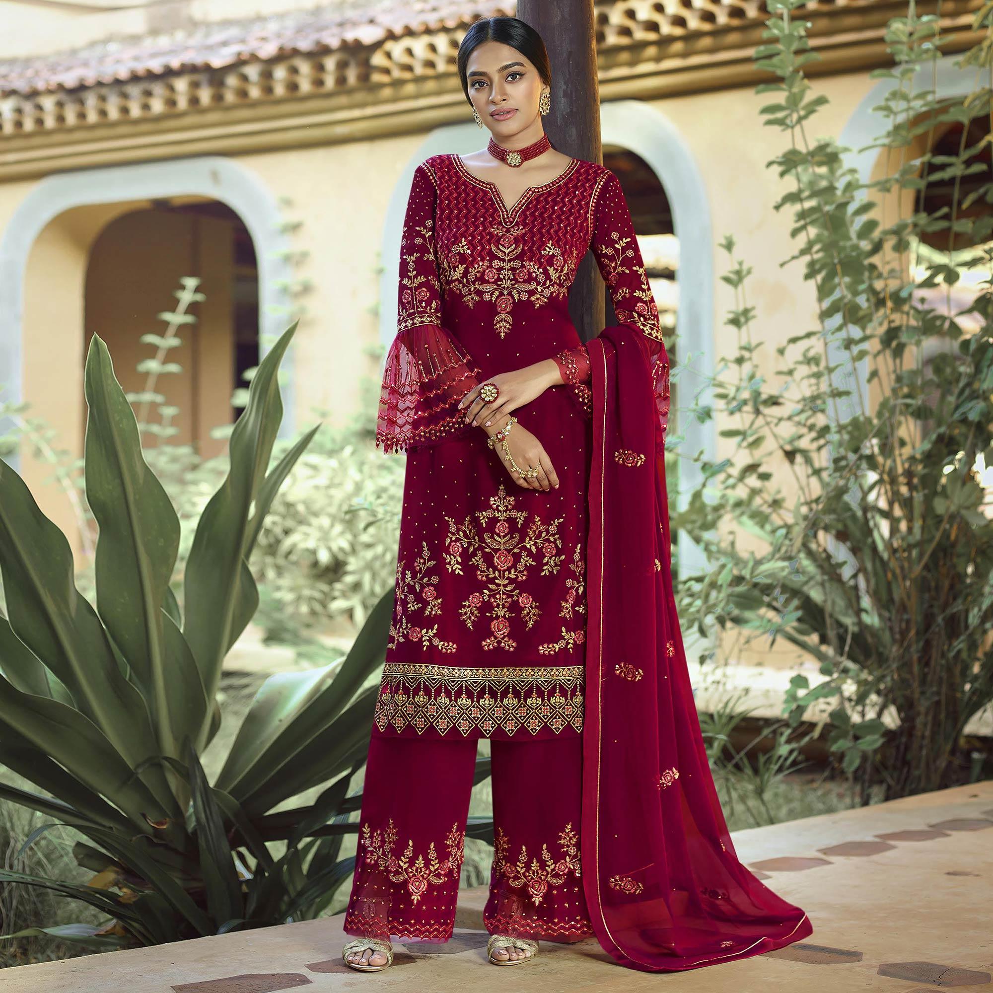 Peachmode Festive Wear Red Floral Embroidery work Faux Georgette Straight Cut palazzo Suit