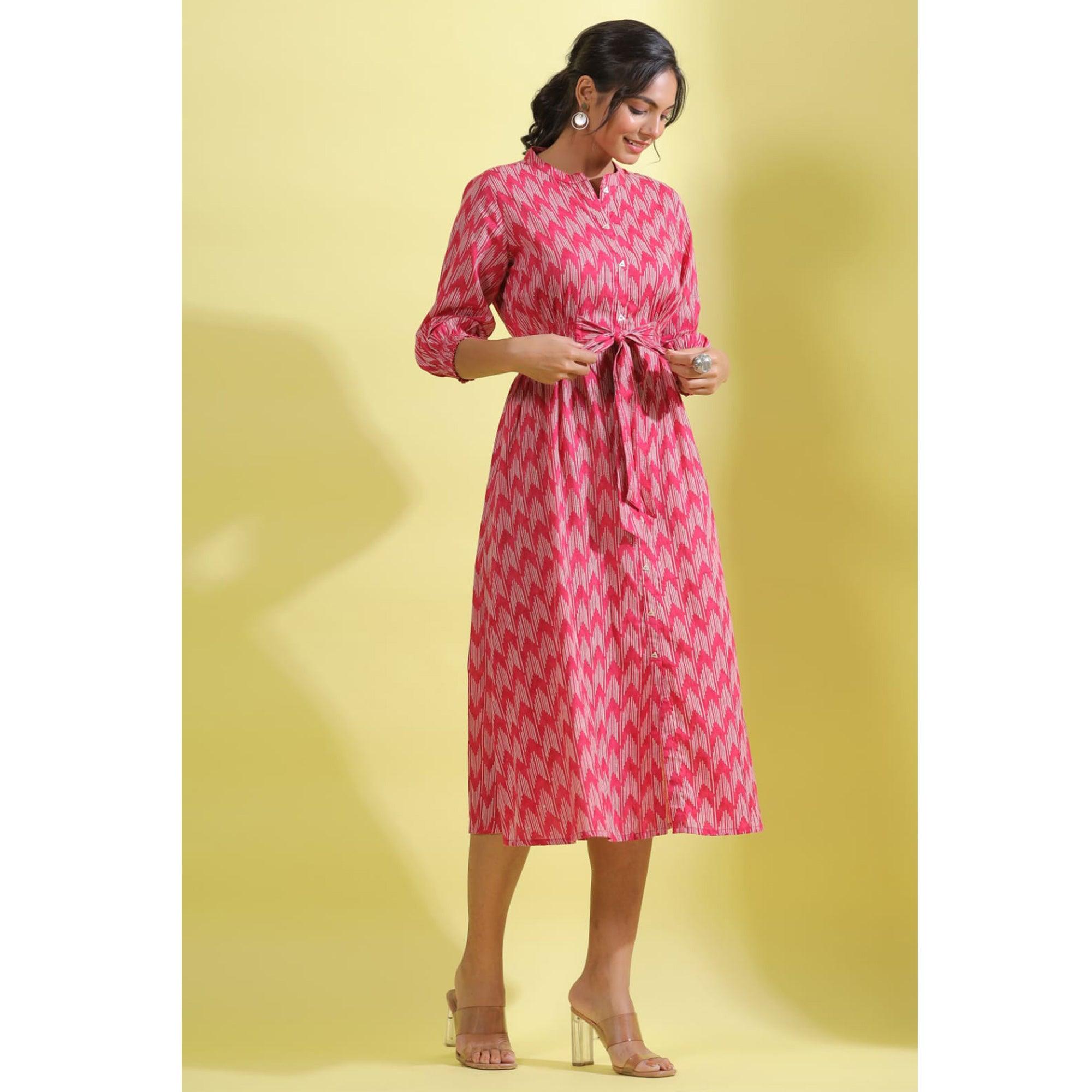 Peachmode Light Pink Printed Pure Cotton Dress - view 5