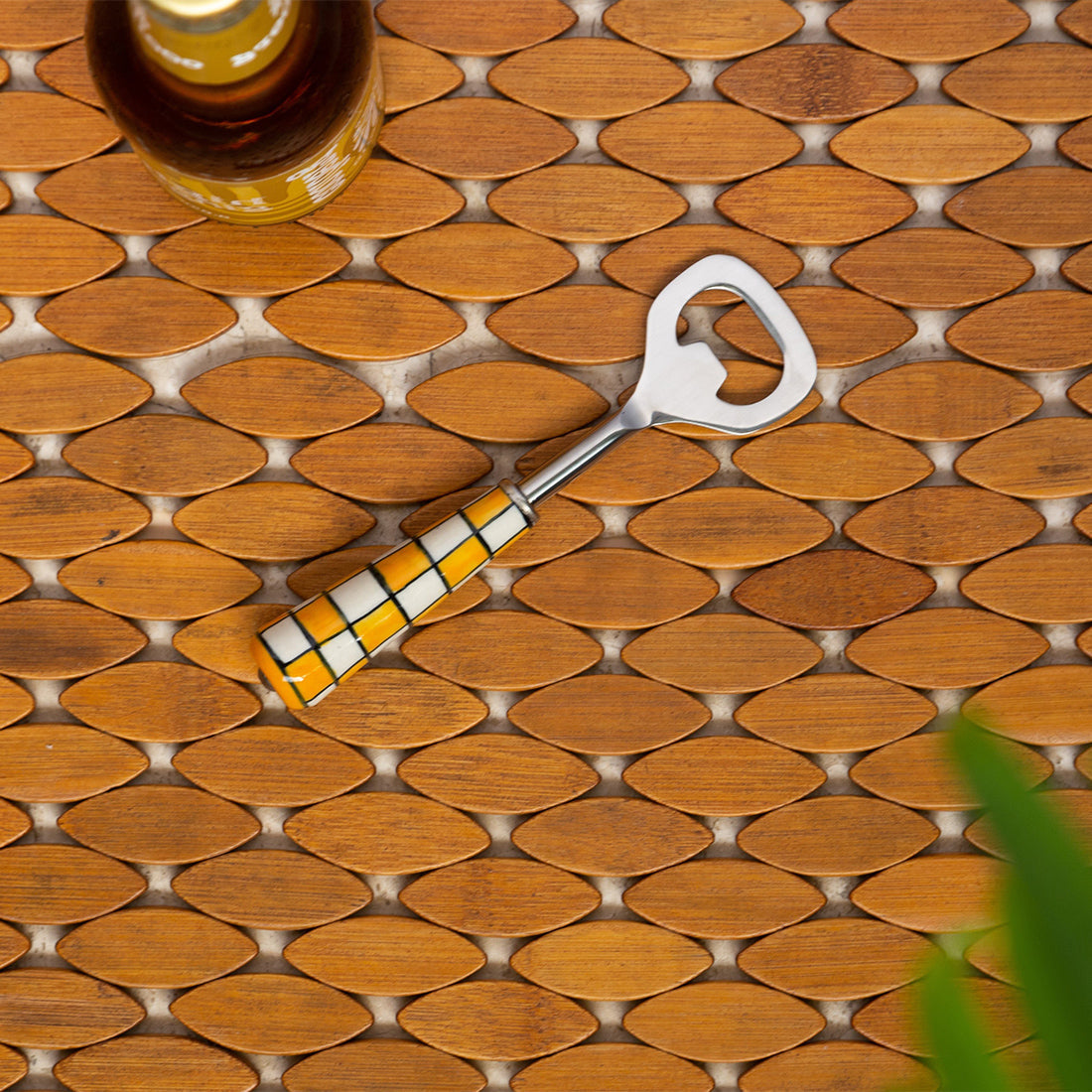 EXCLUSIVELANE 'Shatranj Checkered' Handpainted Bottle Opener In Stainless Steel & Ceramic