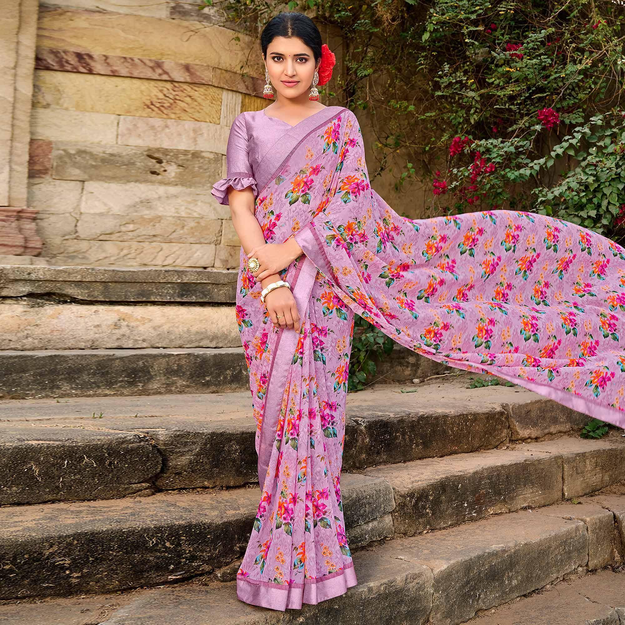 Peachmode Mauve Foil Printed Georgette Saree – Women's