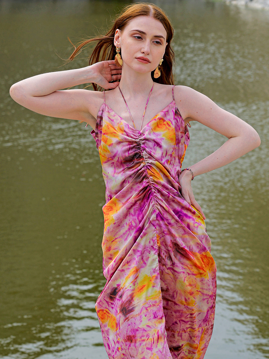 Freehand by The Indian Garage Co Women's Purple Regular Abstract V neck Ruched Dress