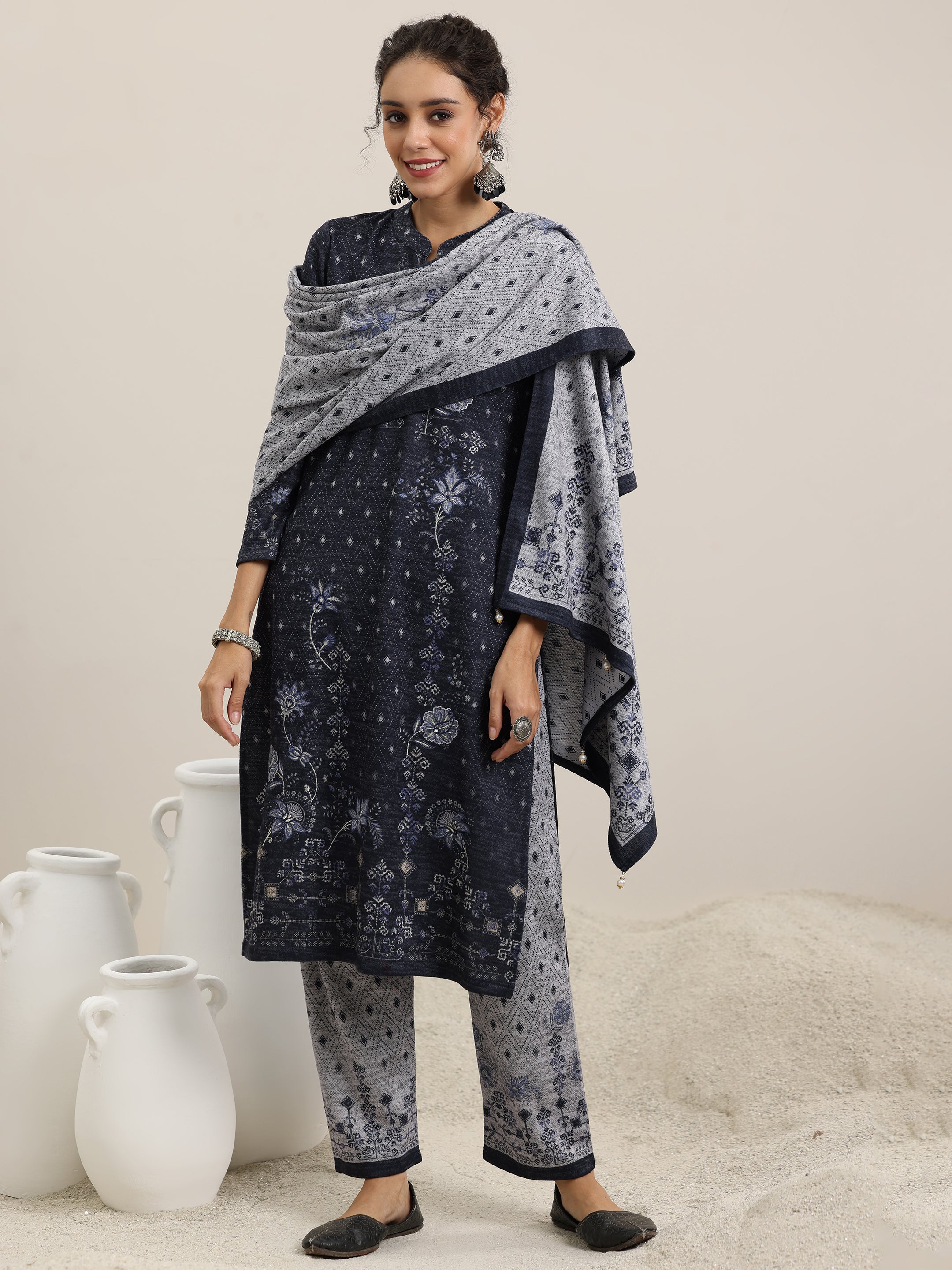 Libas Grey Printed Wool Blend Straight Suit With Dupatta