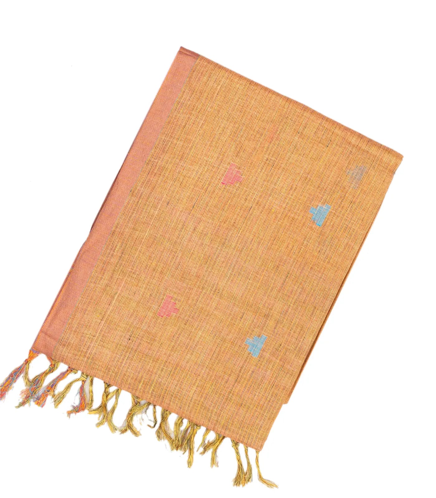 RmKV Light Peach Handloom Linen Saree With Temple Buttas