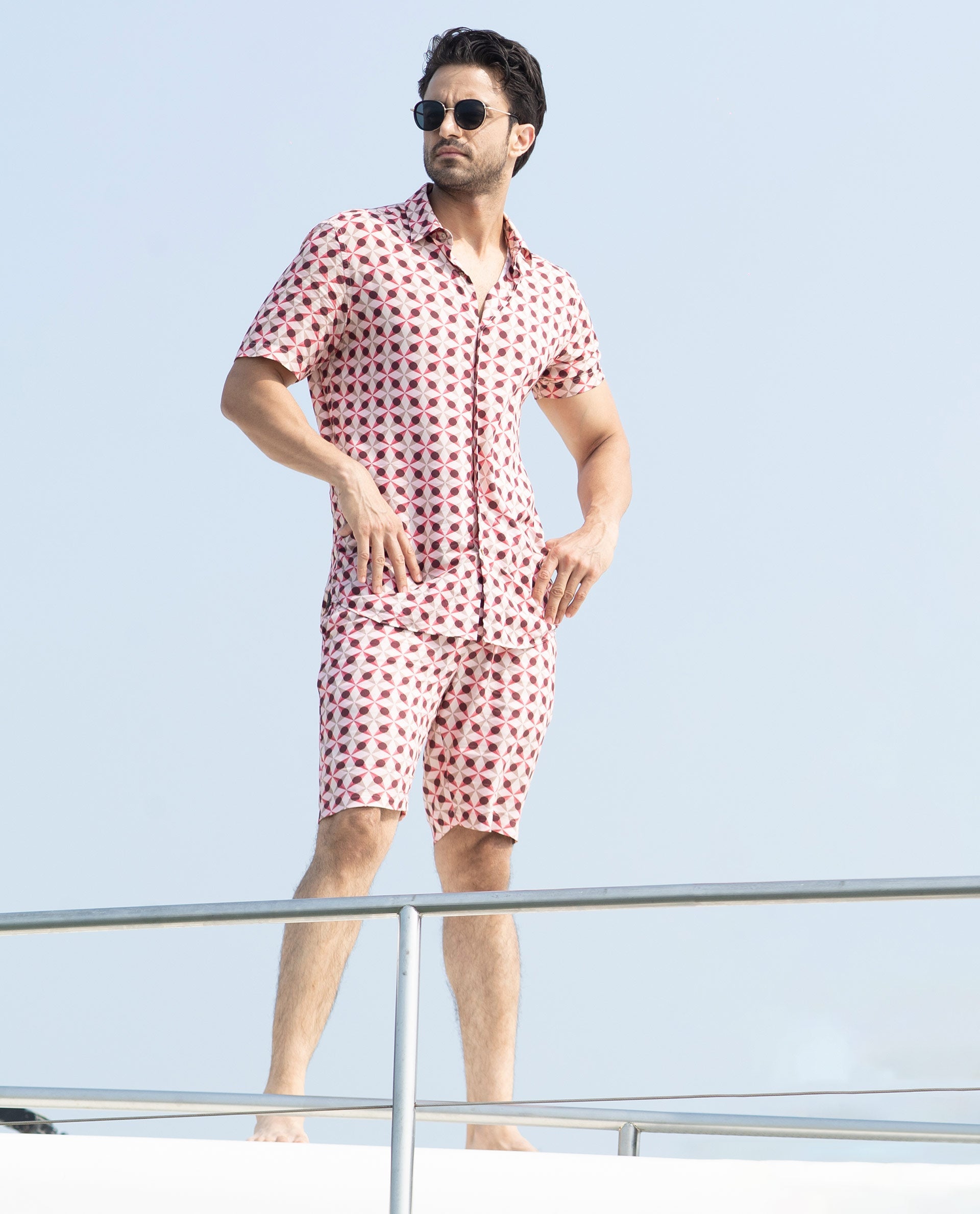 Rare Rabbit Men's Stany Pink Cotton Fabric Button & Zip Closure Slim Fit Mid Rise Geometric Print Shorts - view 7