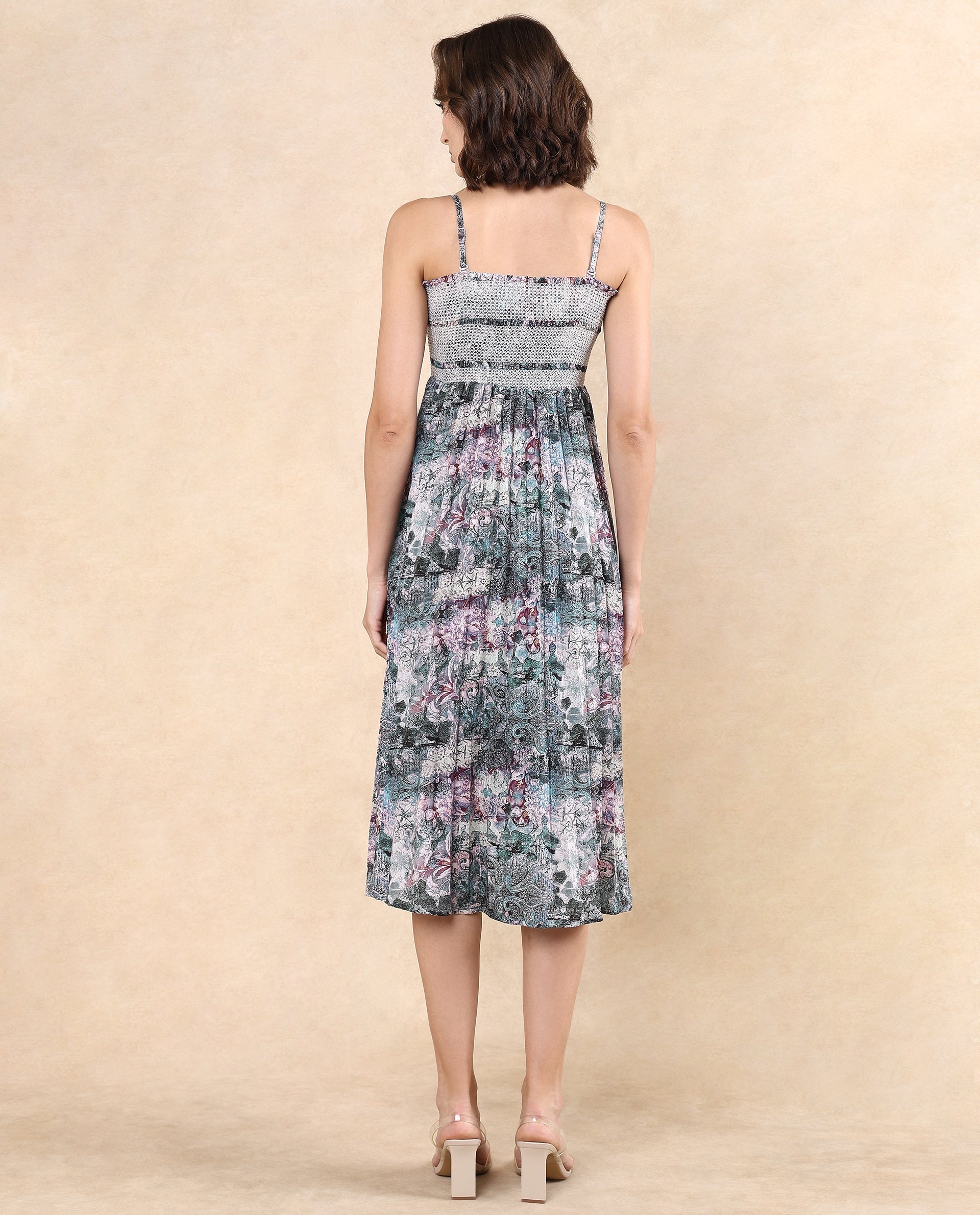 Rareism Women Phanks Multi Polyester Fabric Sleeveless Tube Neck Fit And Flare Midi Abstract Print Dress - view 7