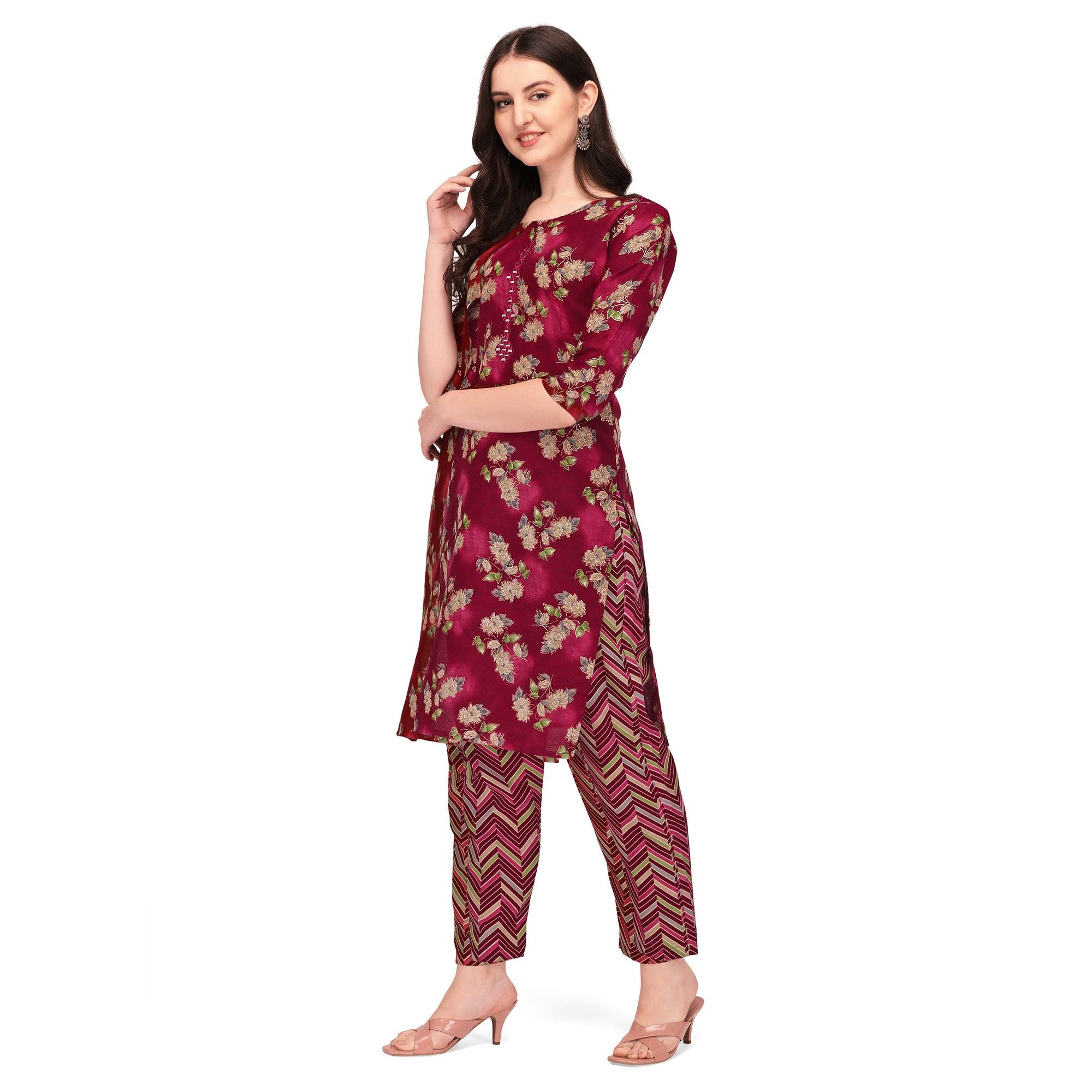 Peachmode Seller Maroon Floral Printed With Embroidered Cotton Blend Kurti Pant Set - view 4