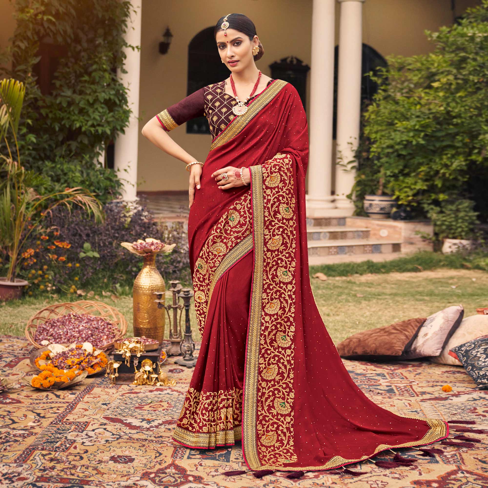 Peachmode Dark Red Embroidered With Stone Work Vichitra Silk Saree