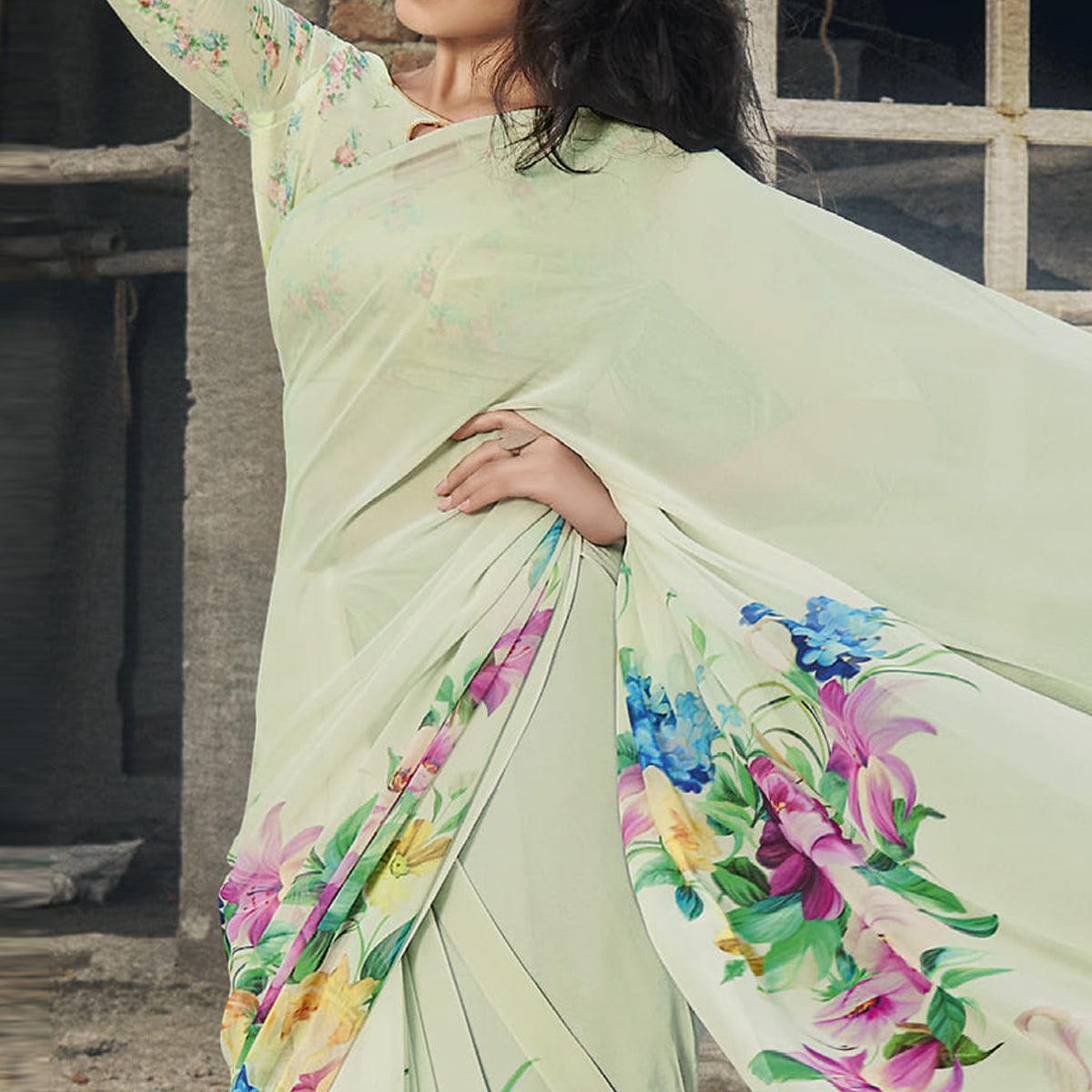 Peachmode Mint Green Casual Wear Floral Printed Georgette Saree - view 2