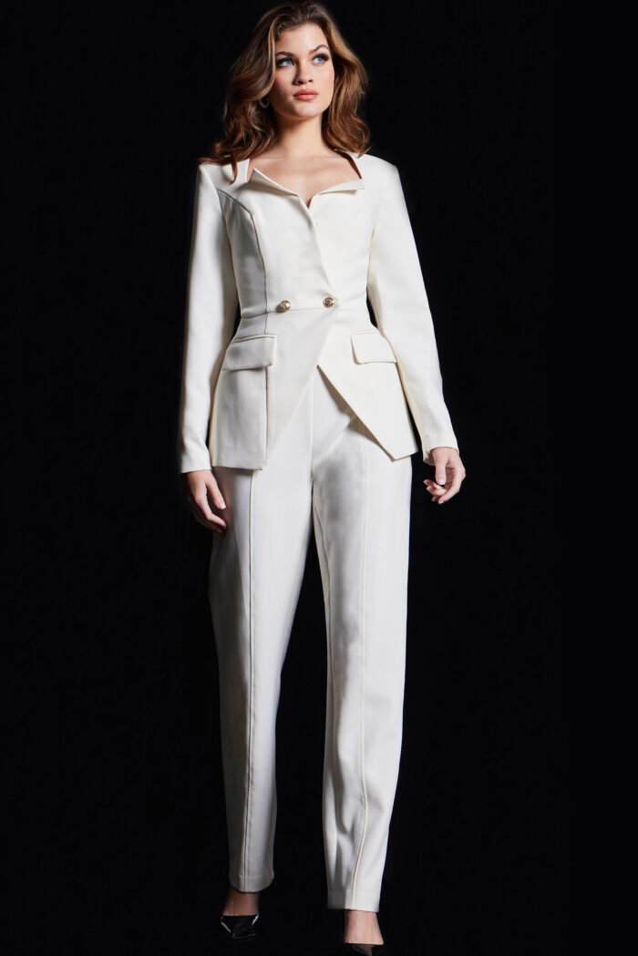 Jovani 37031 Long V Neck Formal Pant Suit – Ivory