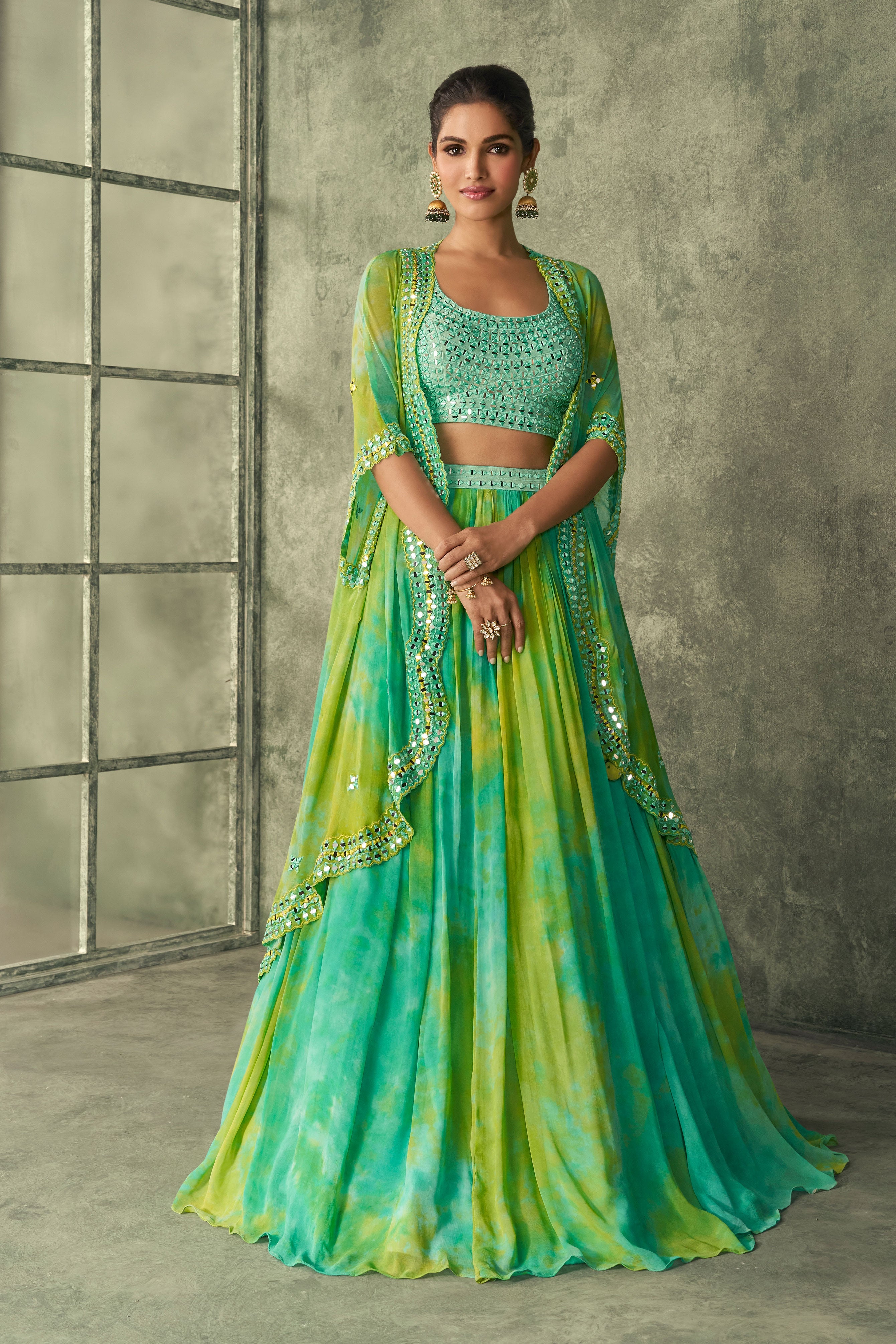 JaipurFabric® Mint Green Silk Embroidery Mirror Crop Top With Tie Dye Skirt And Cape