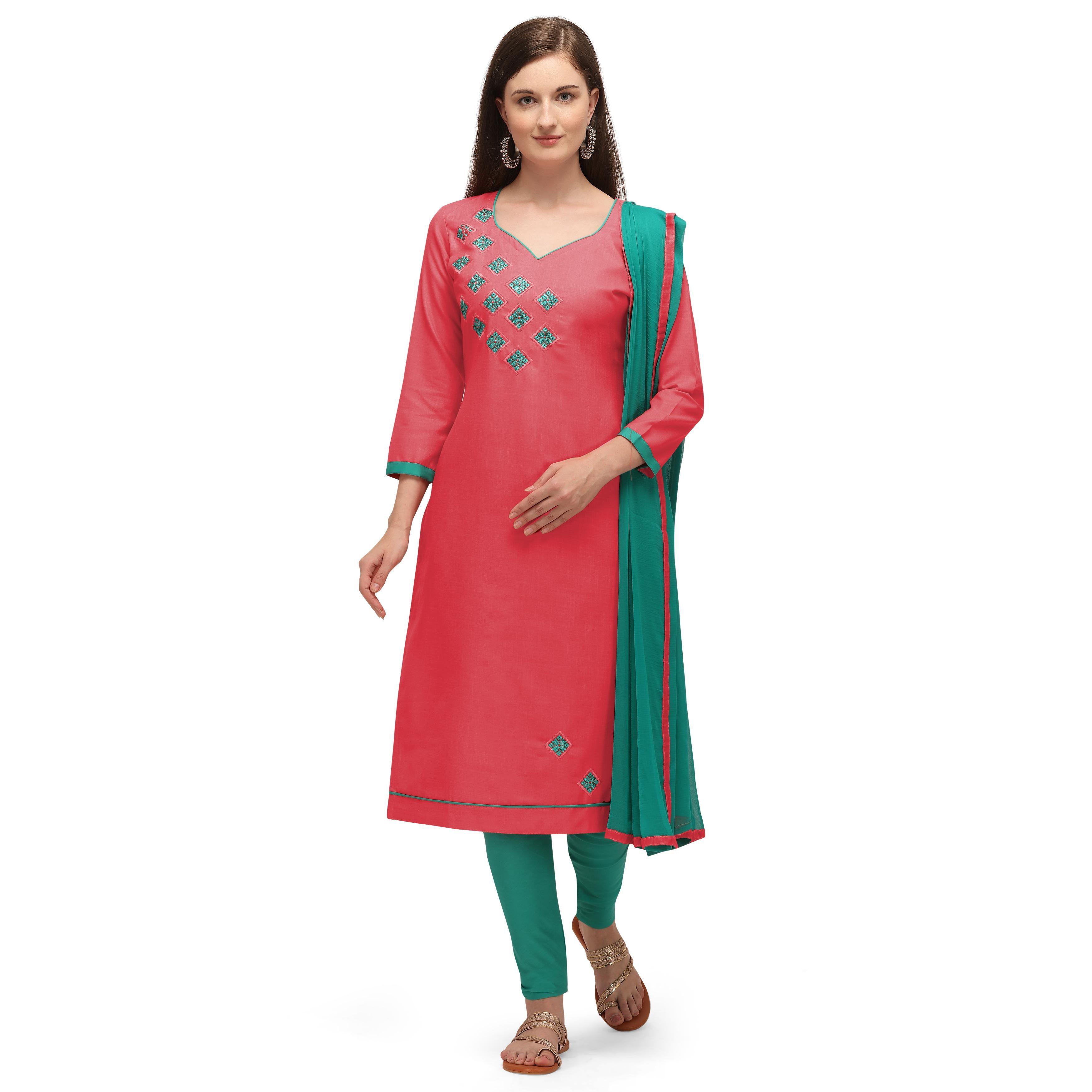 Peachmode Exclusive Peach Coloured Embroidered Casual Wear Cotton Dress Material