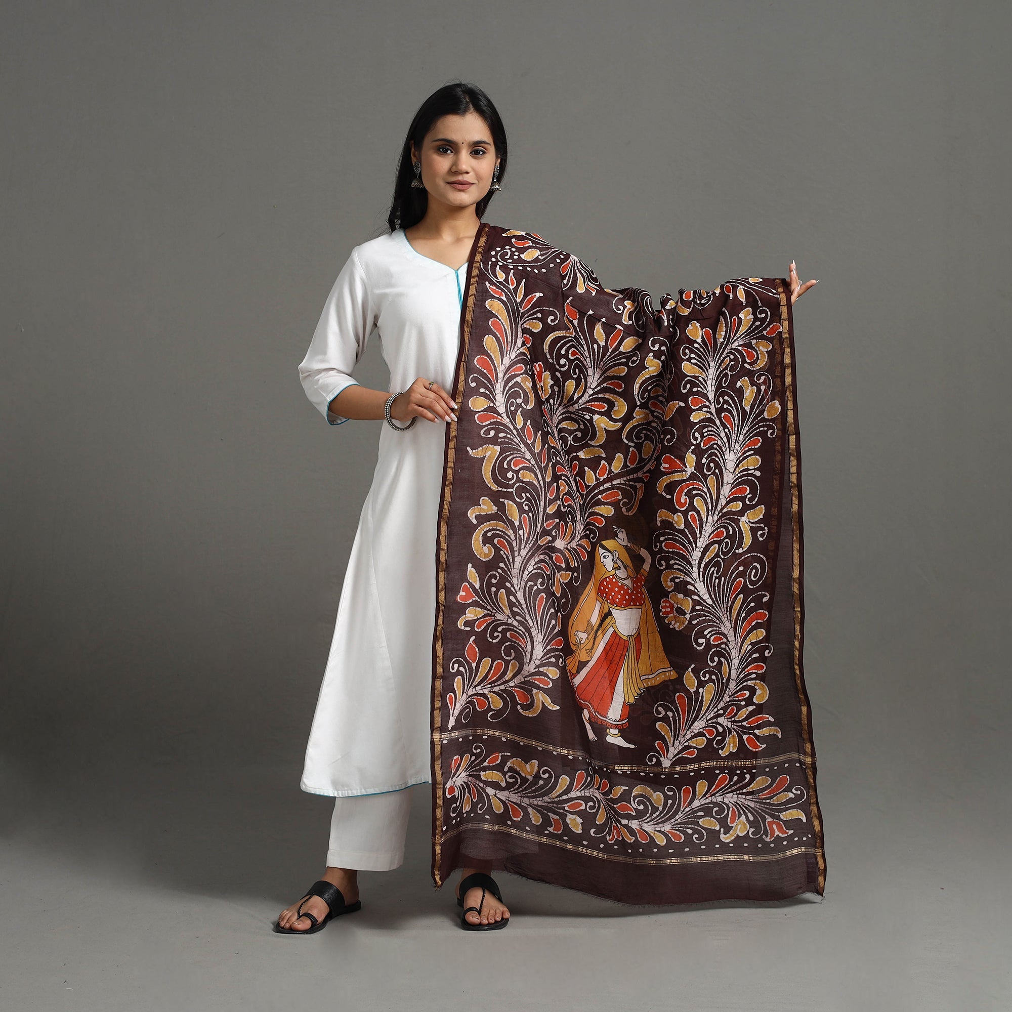 KACHCHH JI CHHAAP Brown - Handloom Chanderi Silk Hand Batik Printed Dupatta 05 - view 2
