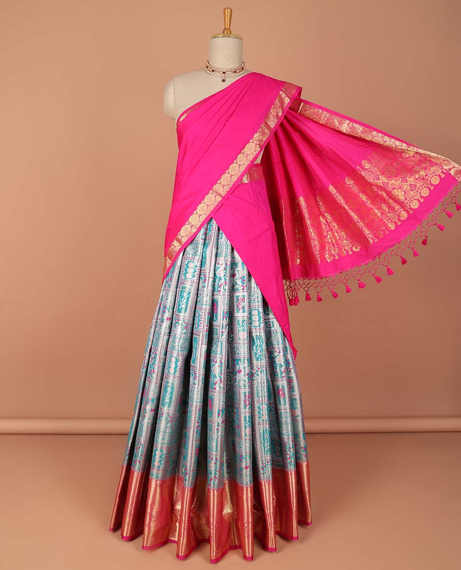 Pothys Blue geometric,floral design art-silk half saree, contrast traditional zari border,zari design blouse & intricate dhavani