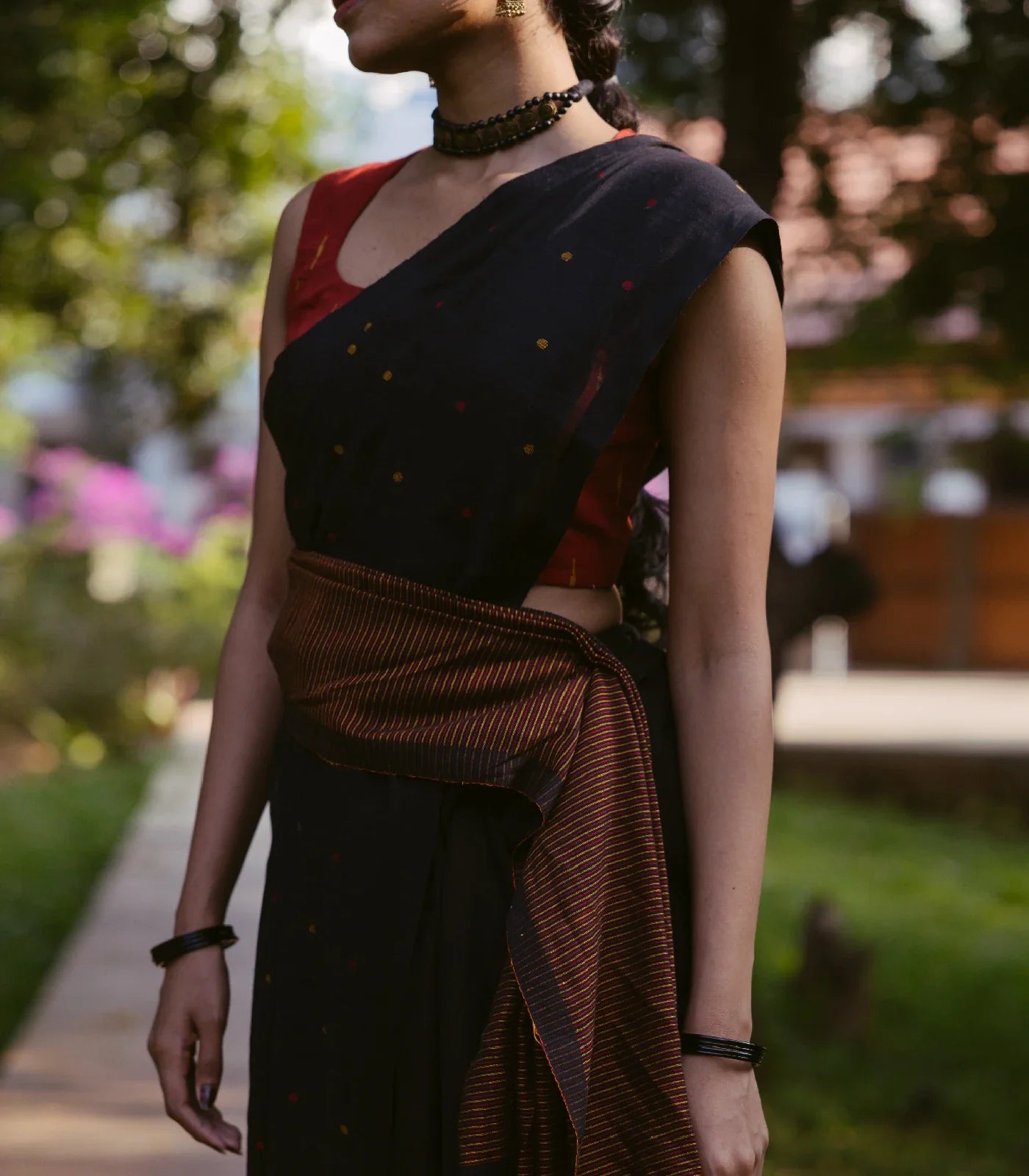 RmKV Black Handloom Bengal Cotton Saree With With Yellow and red buttis - view 2