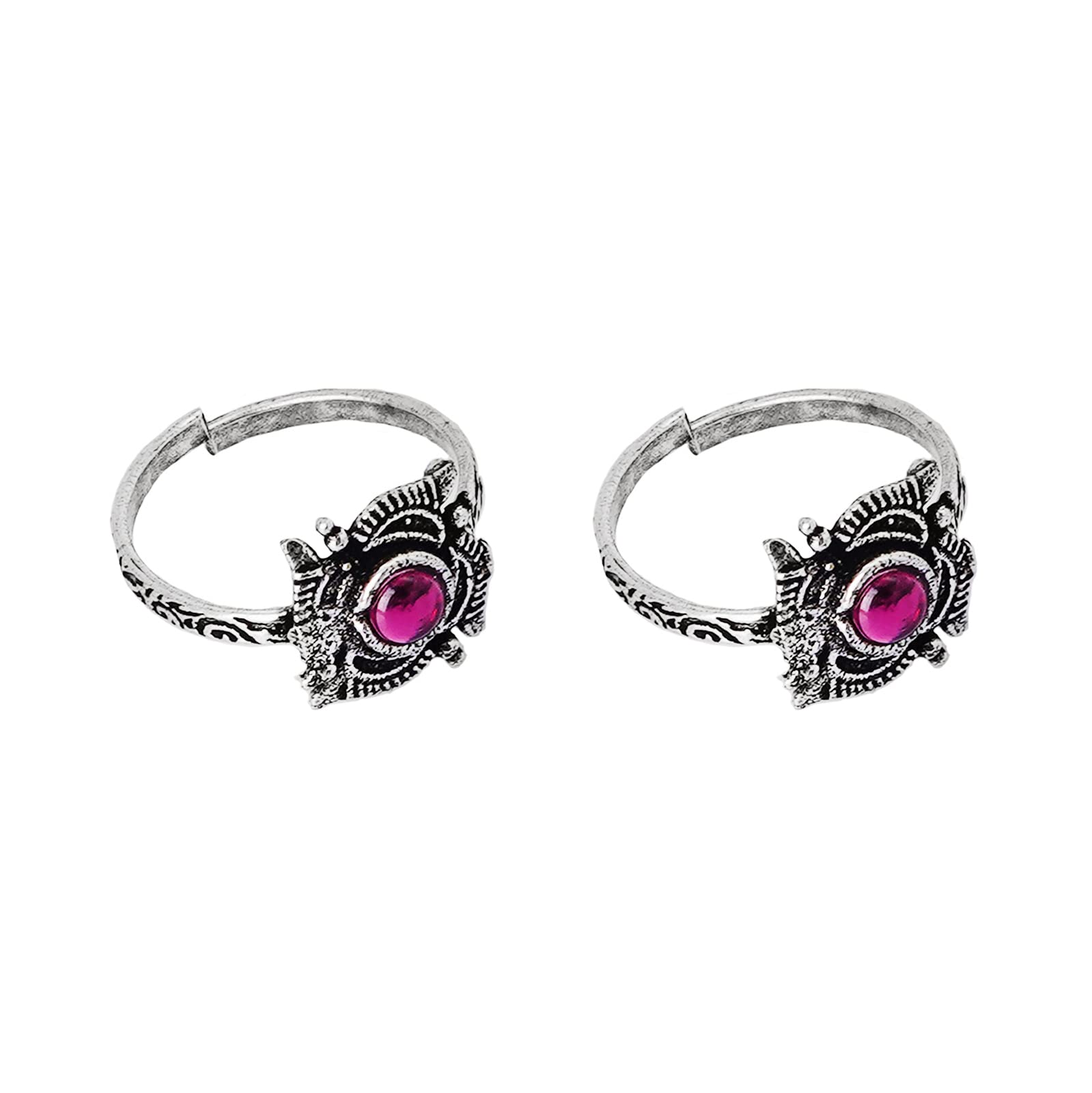 TEEJH Niya Pink Stone Silver Oxidised Toe Rings for Women - view 5