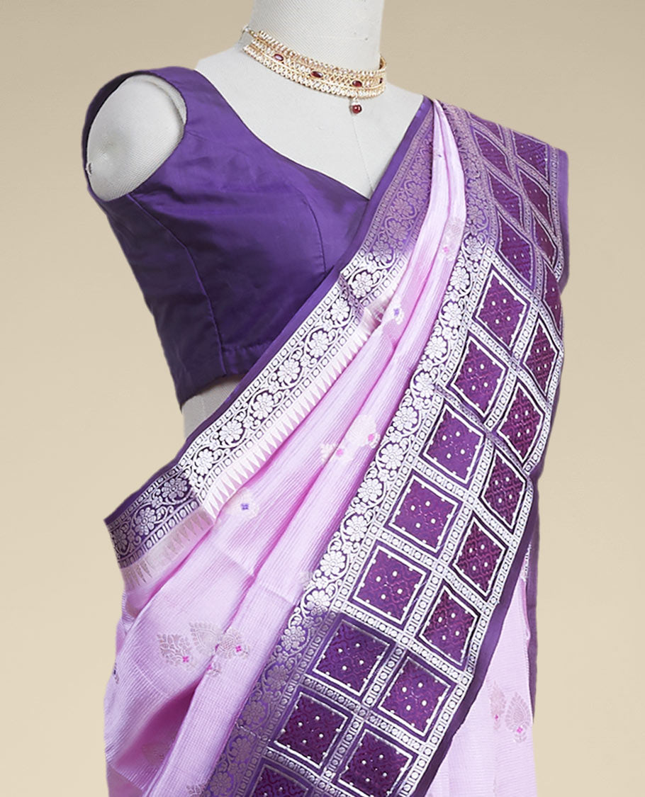Pothys Lavender floral motifs banaras silk saree with contrast geometric, floral zari design border