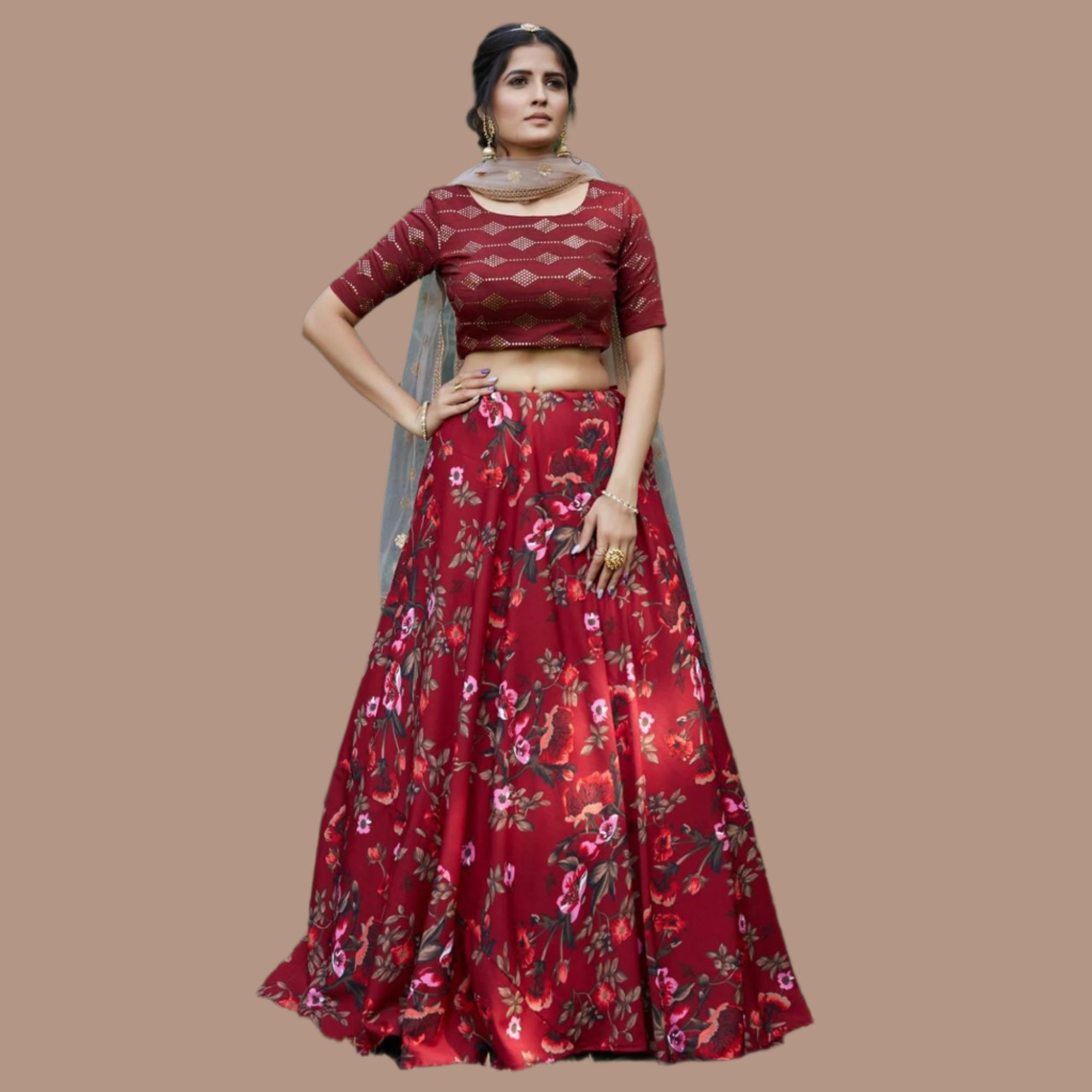 Peachmode Maroon Floral Printed Raw Silk Lehenga Choli