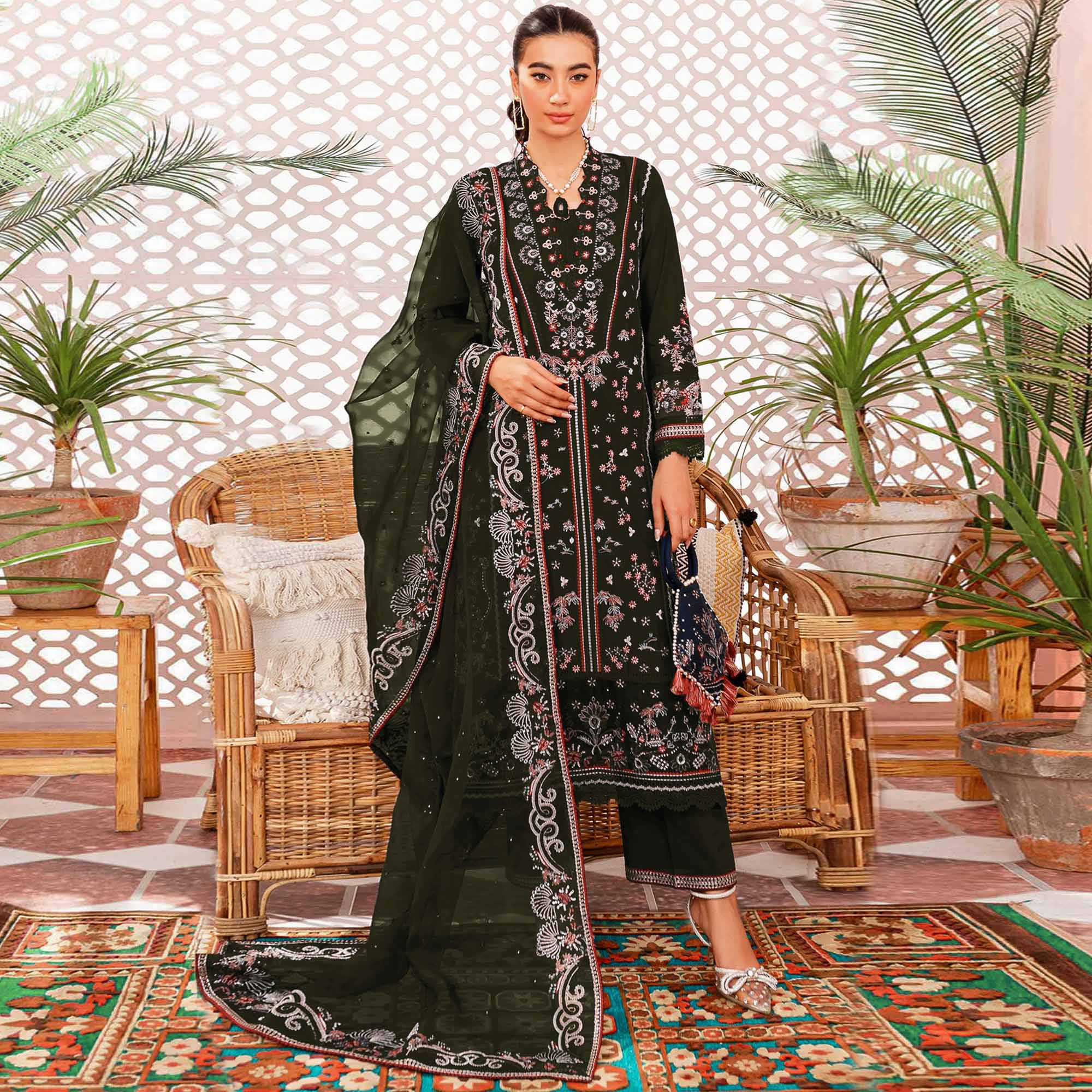 Peachmode Mehandi Green Floral Embroidered Georgette Semi Stitched Suit - view 2