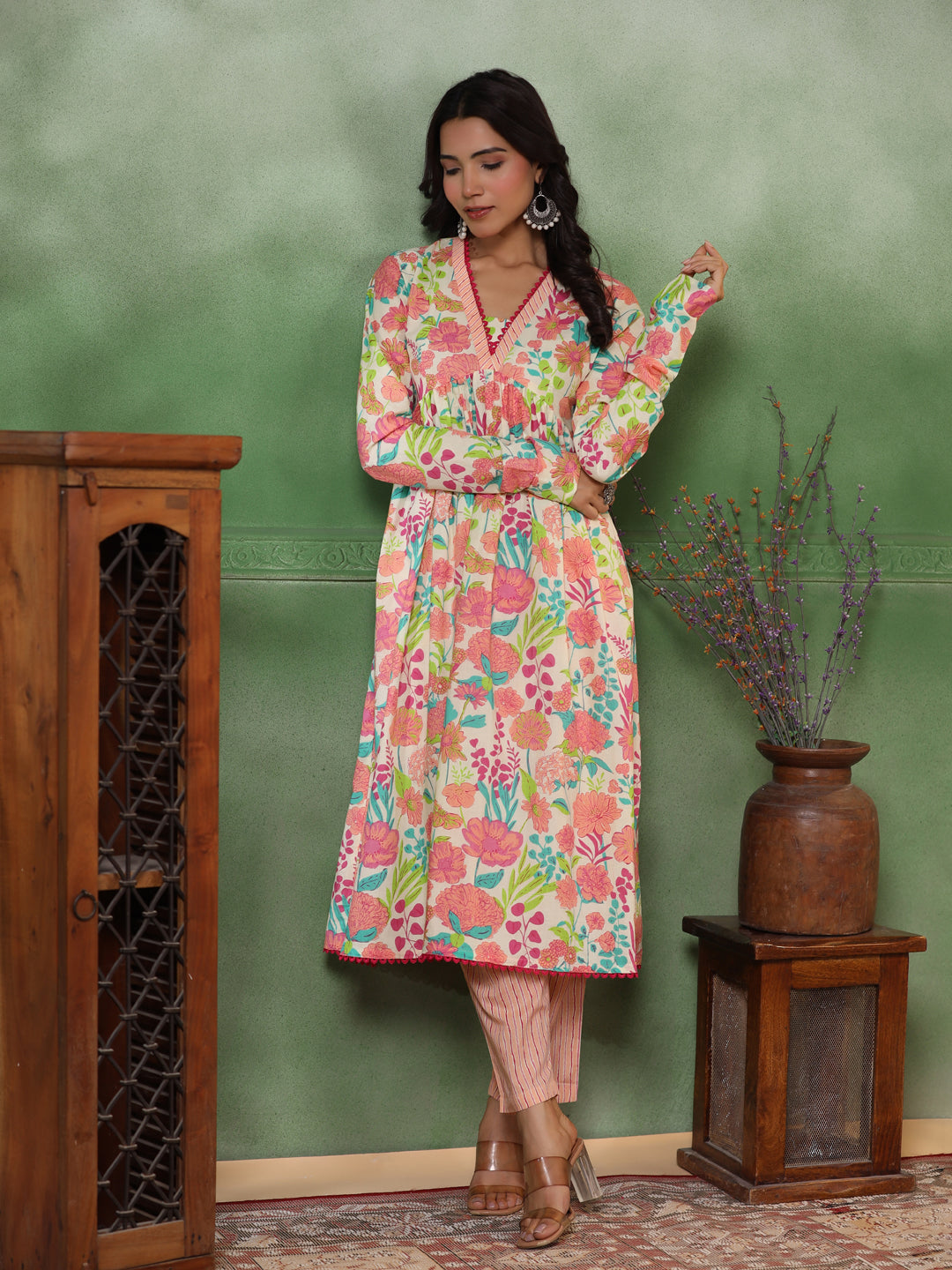 FASHOR Abstract Floral & Stripes Printed A-Line Pleated Kurta with Pant - Peach