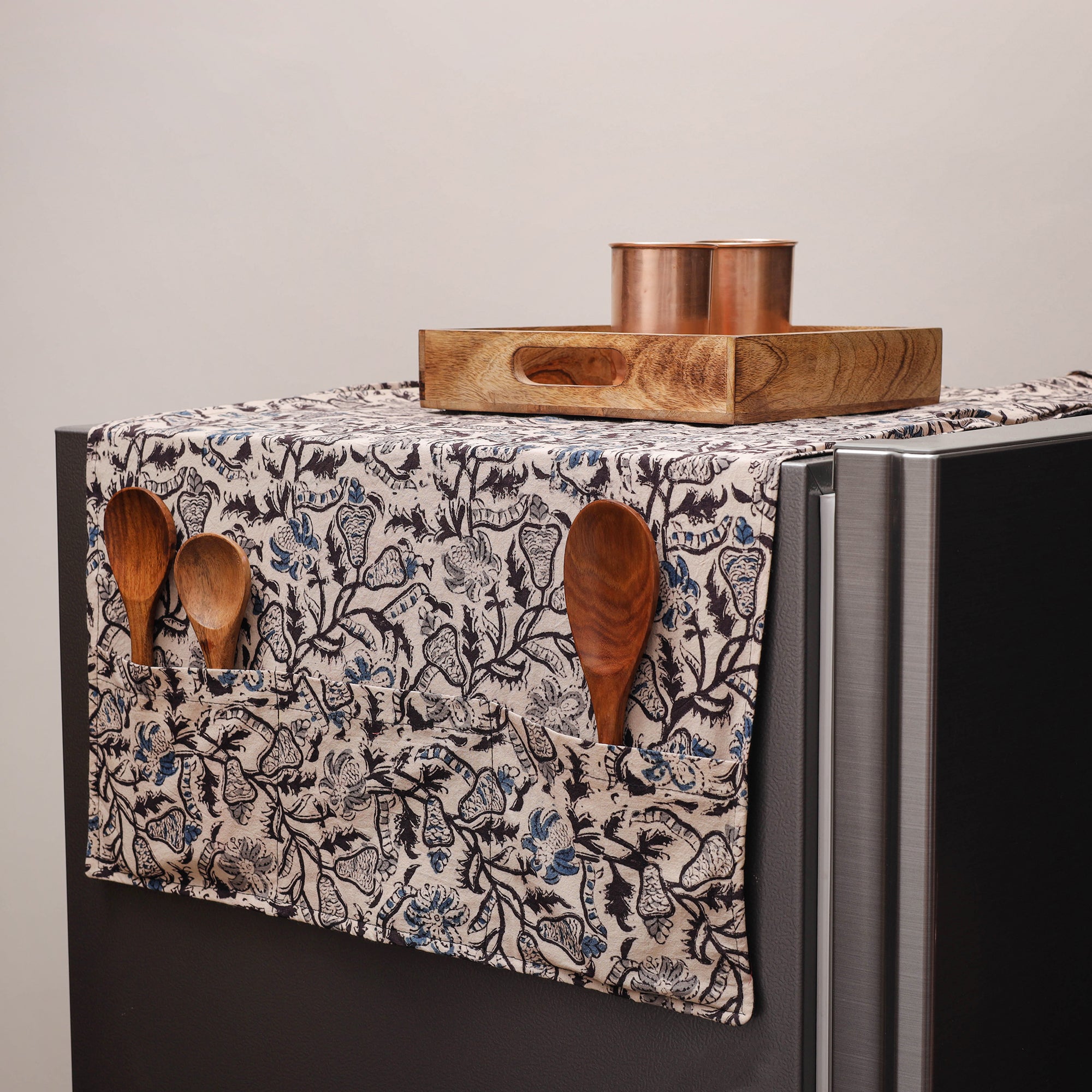 JALPARI Beige - Kalamkari Block Printed Fridge Cover with Handle Cover 09