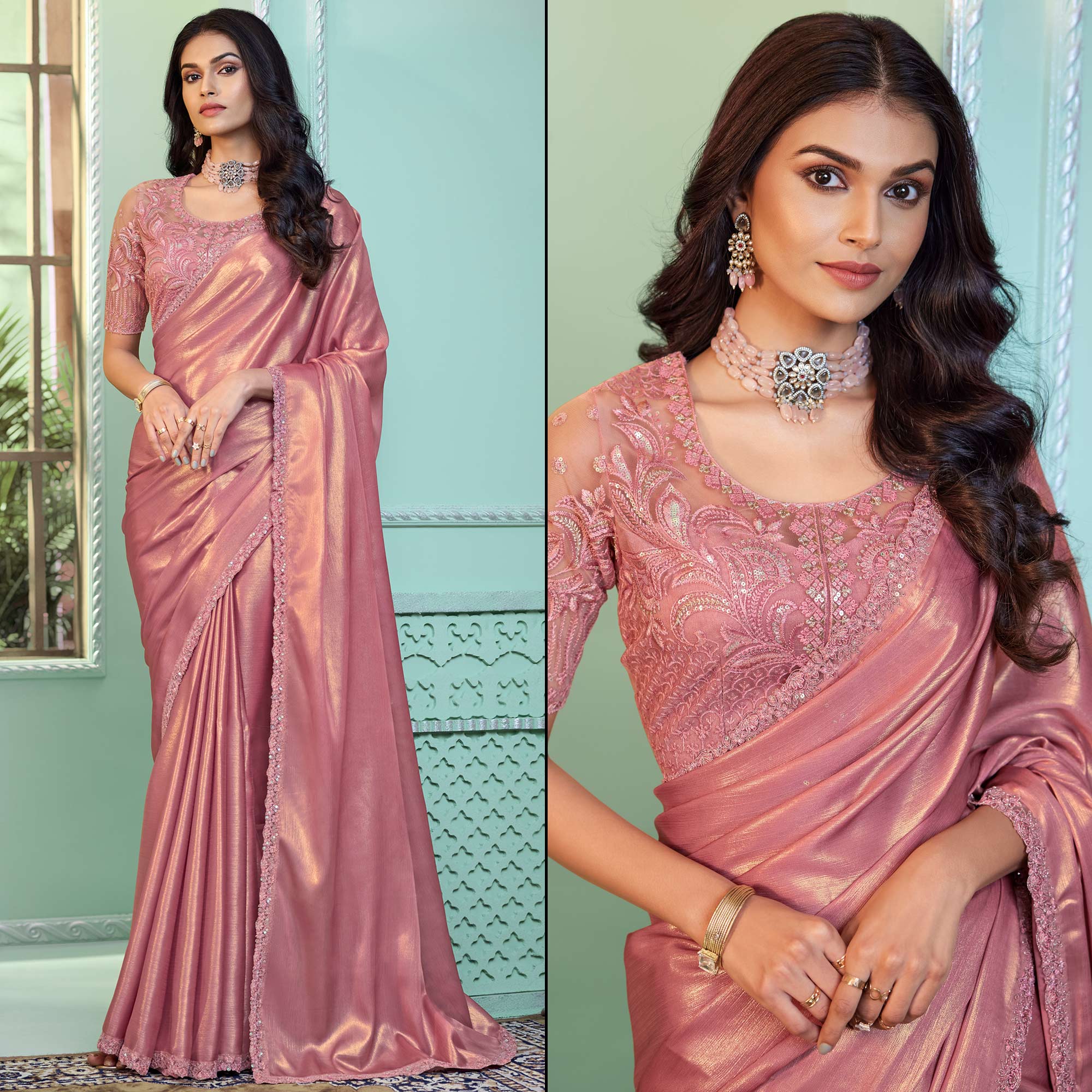 Peachmode Dusty Peach Embroidered Georgette Designer Saree
