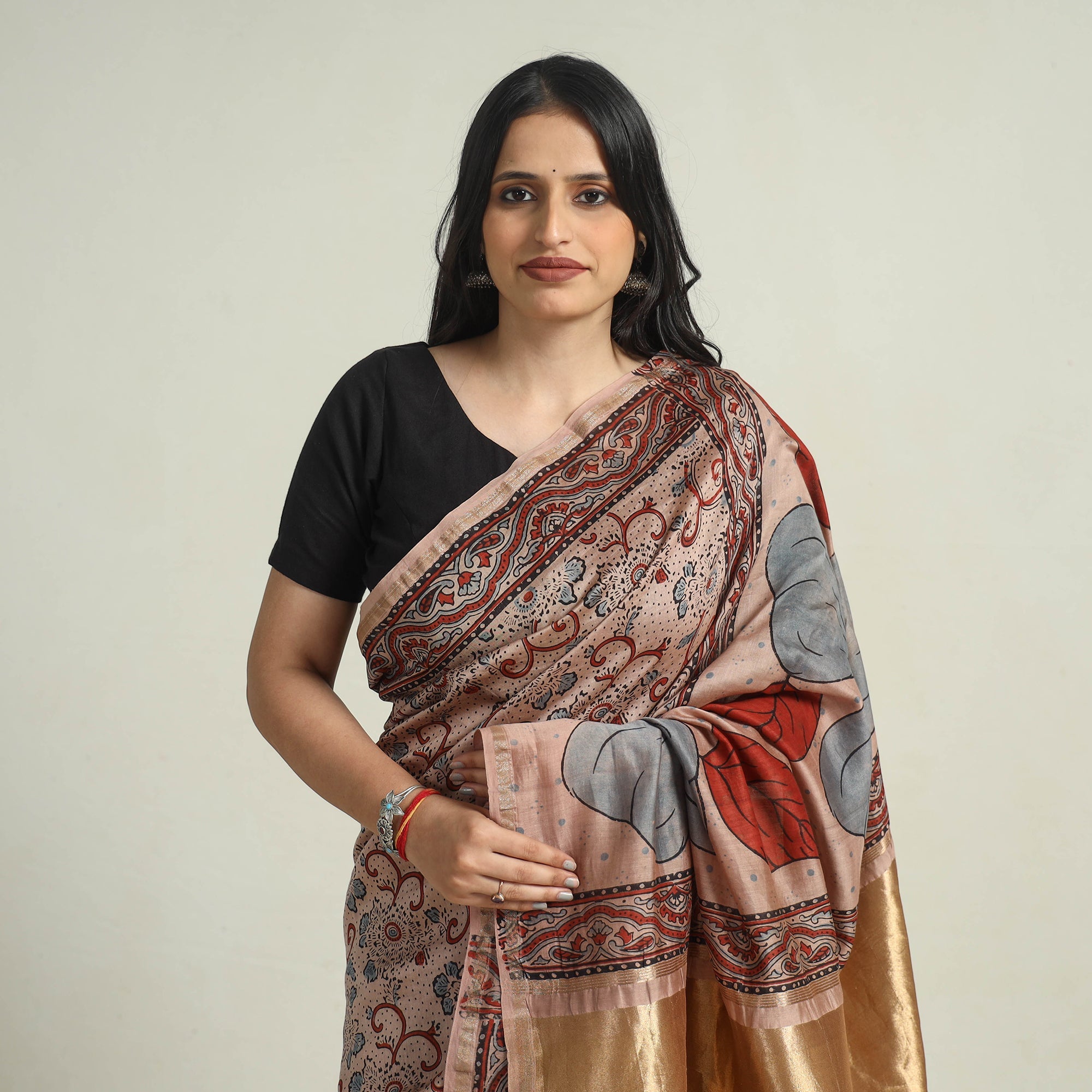 AJRAKH BY JABBAR KHATRI Brown - Chanderi Silk Block Printed Ajrakh Saree 07 - view 3