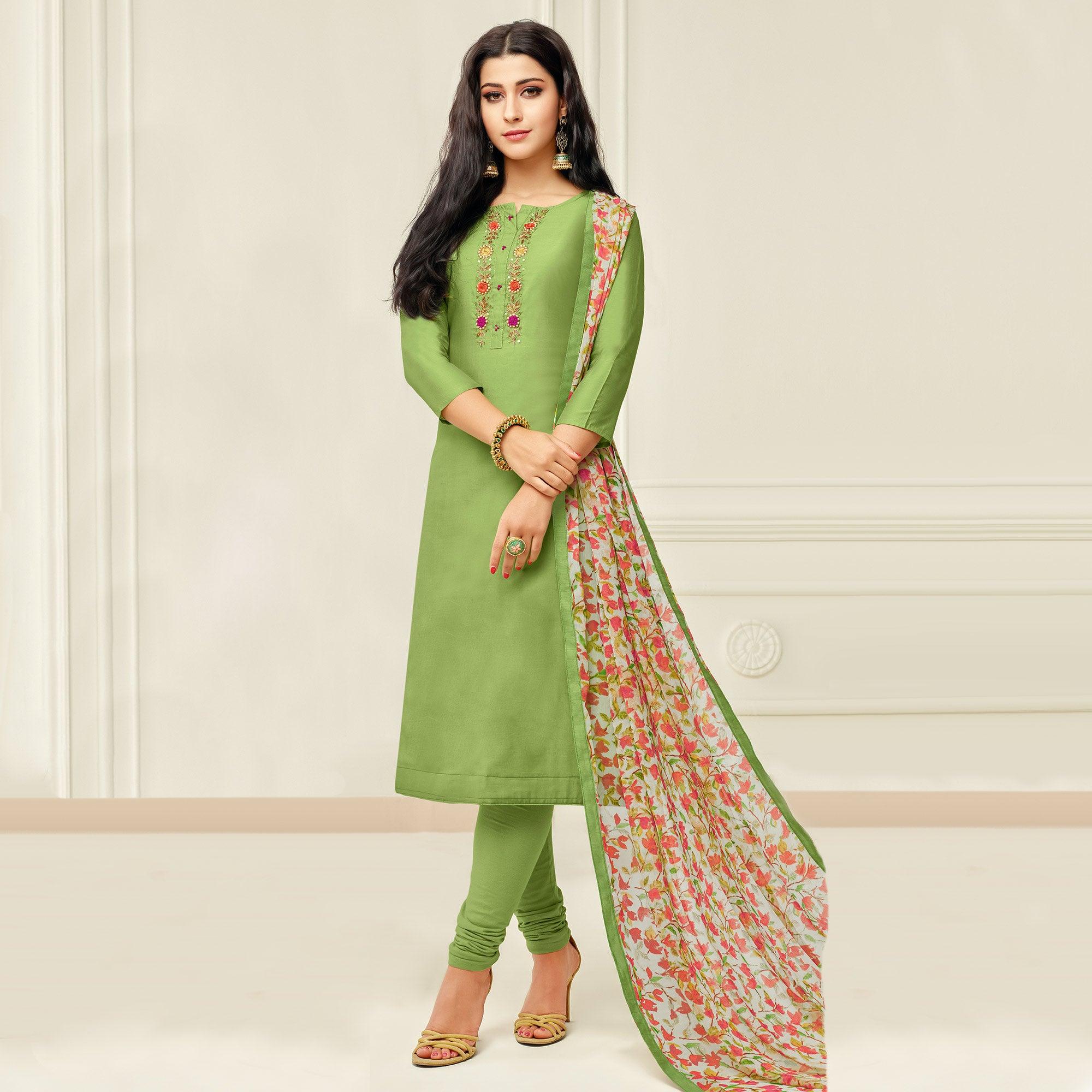 Peachmode Captivating Pista Green Colored Casual Wear Embroidered Chanderi Dress Material