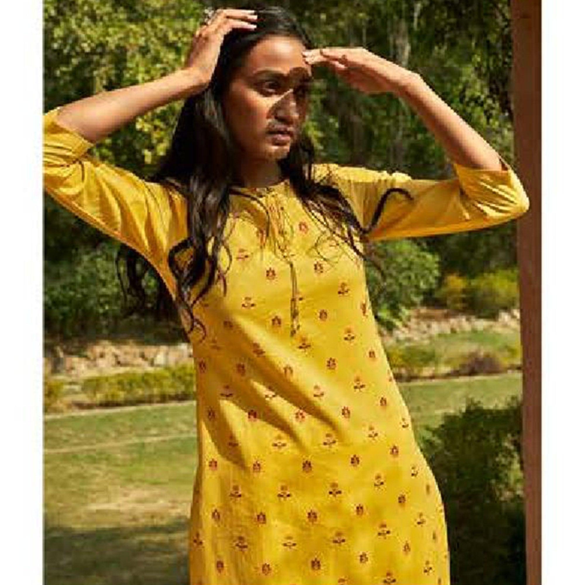 Peachmode Imposing Yellow Colored Casual Wear Embroidered Cotton Kurti With Bottom - view 3