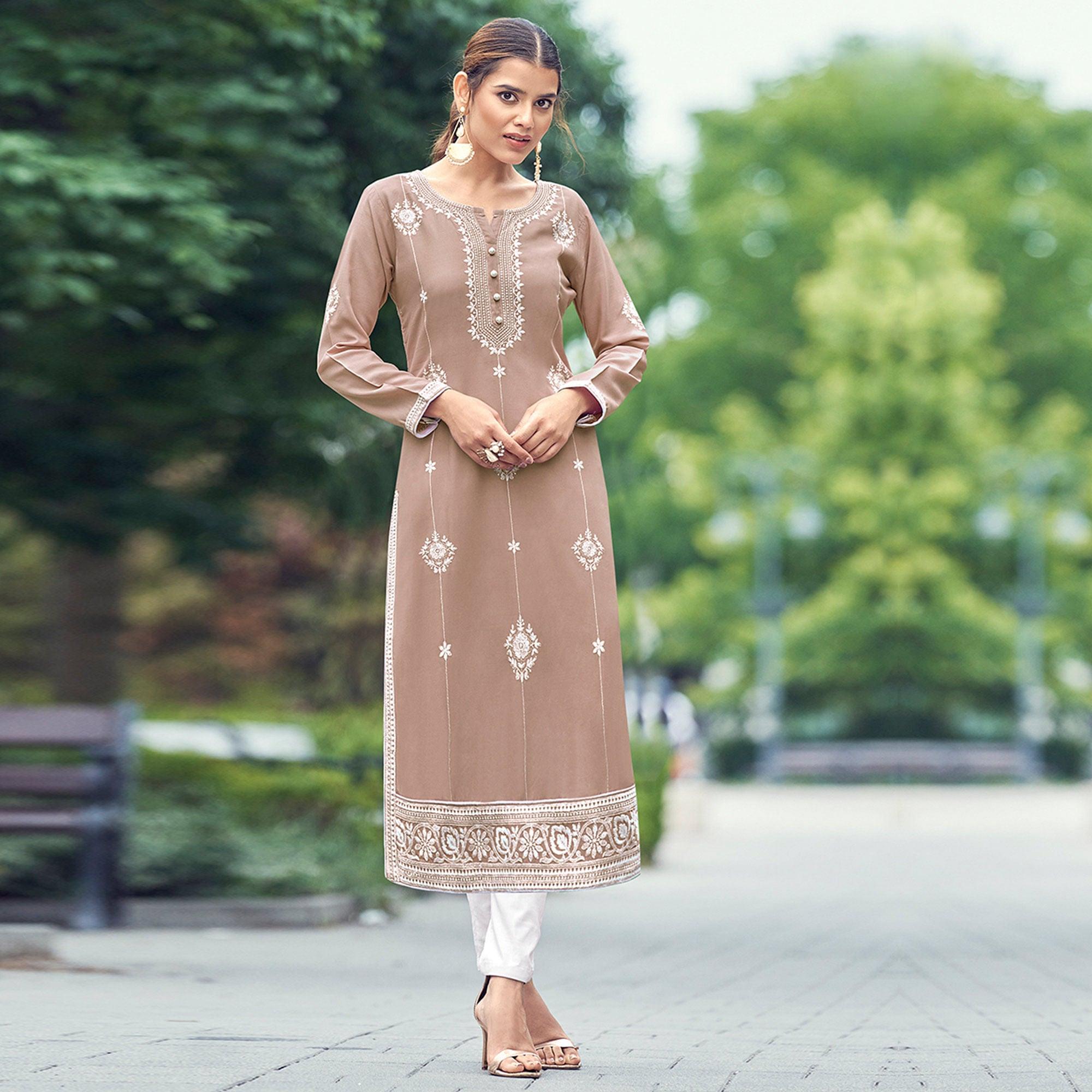 Peachmode Seller Coffee Lakhnawi Work Rayon Kurti - view 2