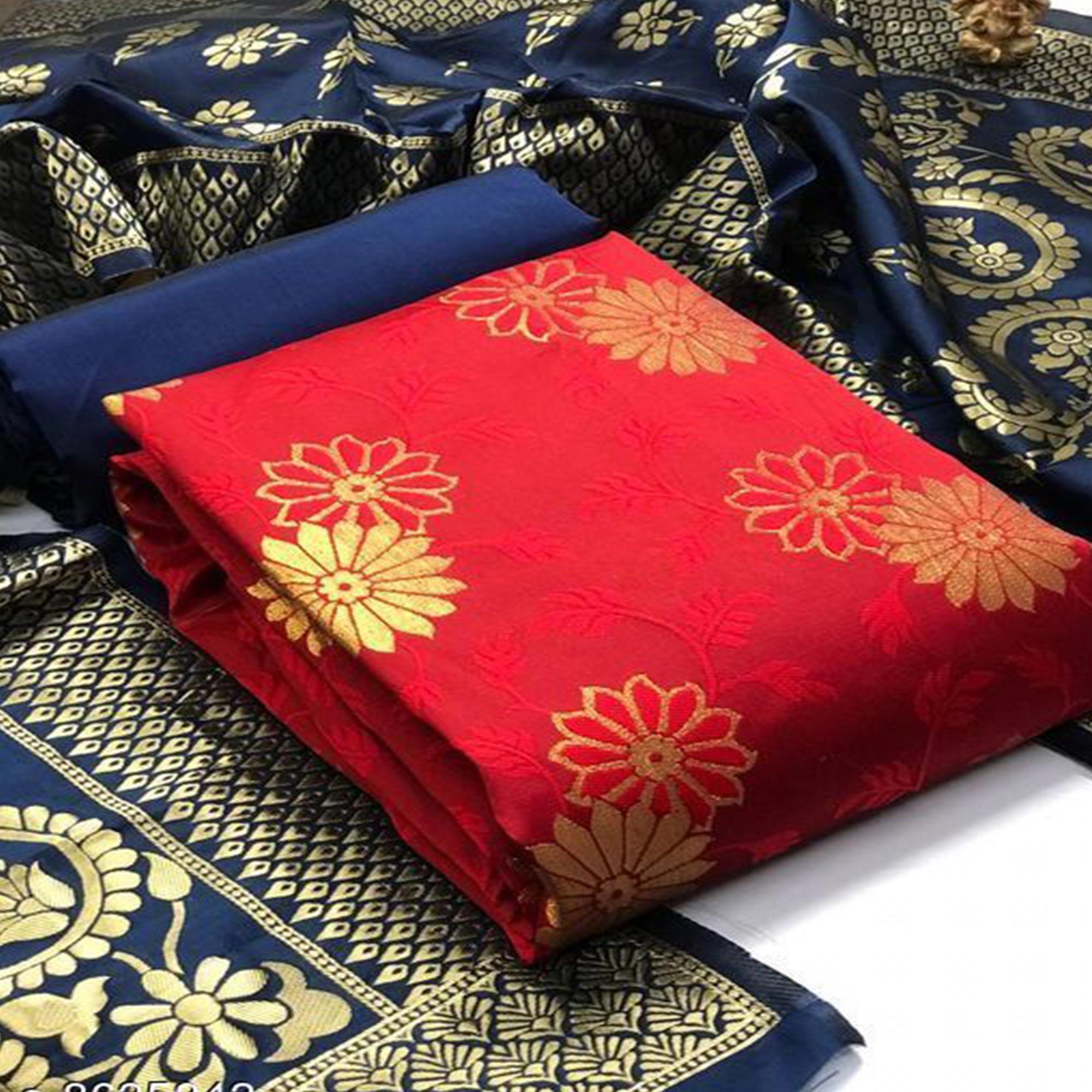 Peachmode Jazzy Red Colored Casual Wear Woven Banarasi Silk Dress Material