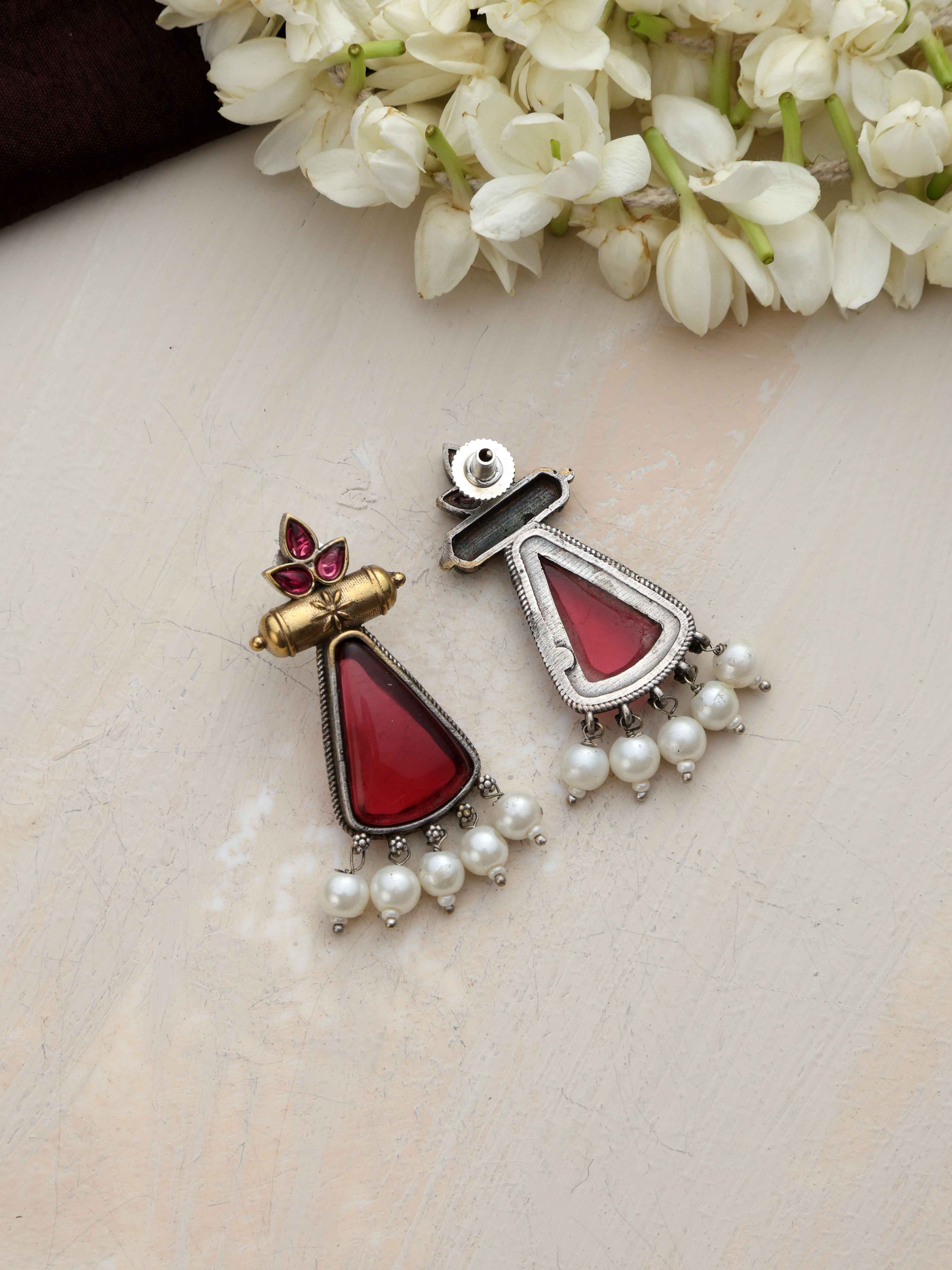 trueBrowns Silver Gold Tone Petal Dangle Earrings - view 5