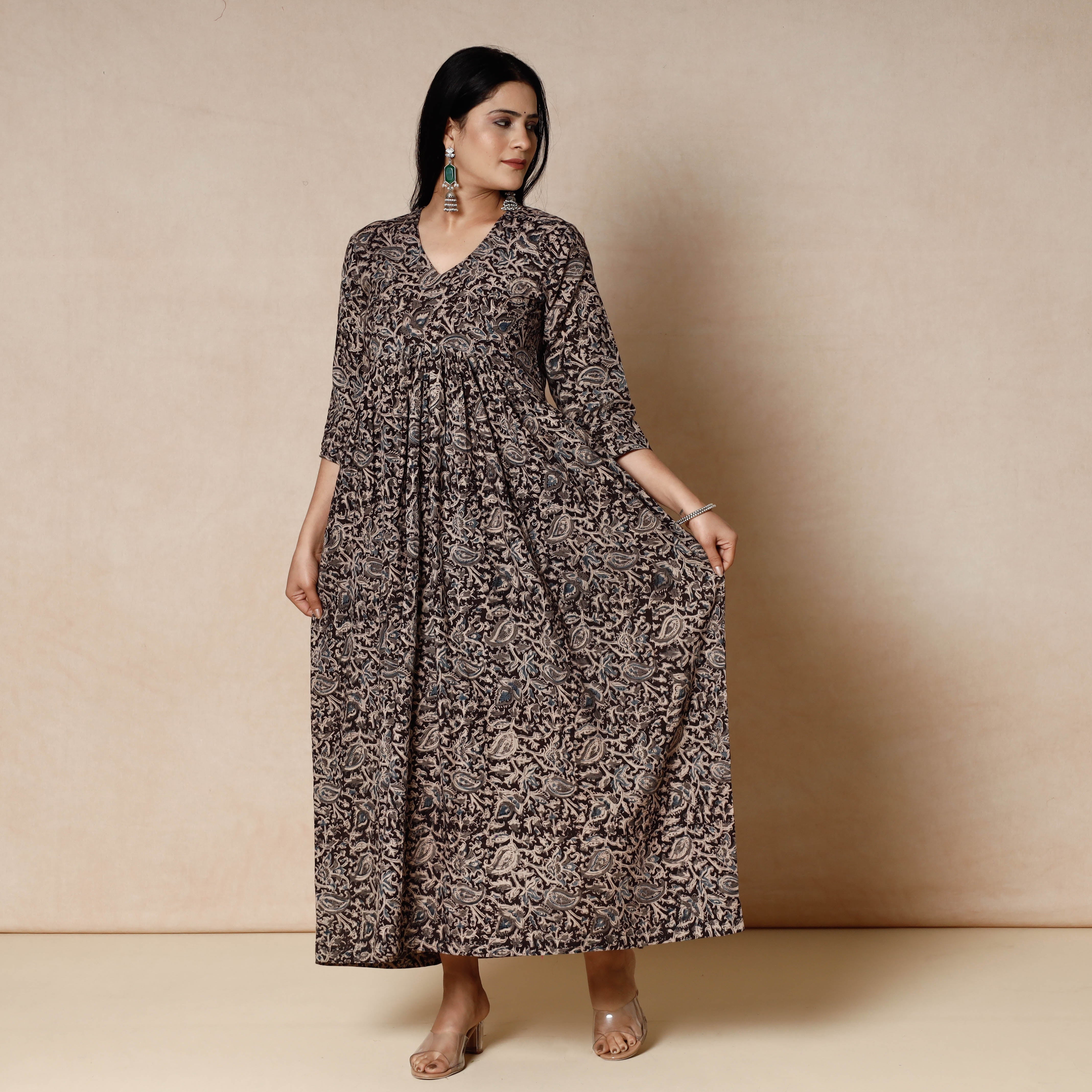 ITOKRI CASUALS Brown - Kalamkari Block Printed Cotton Flared Dress - view 2
