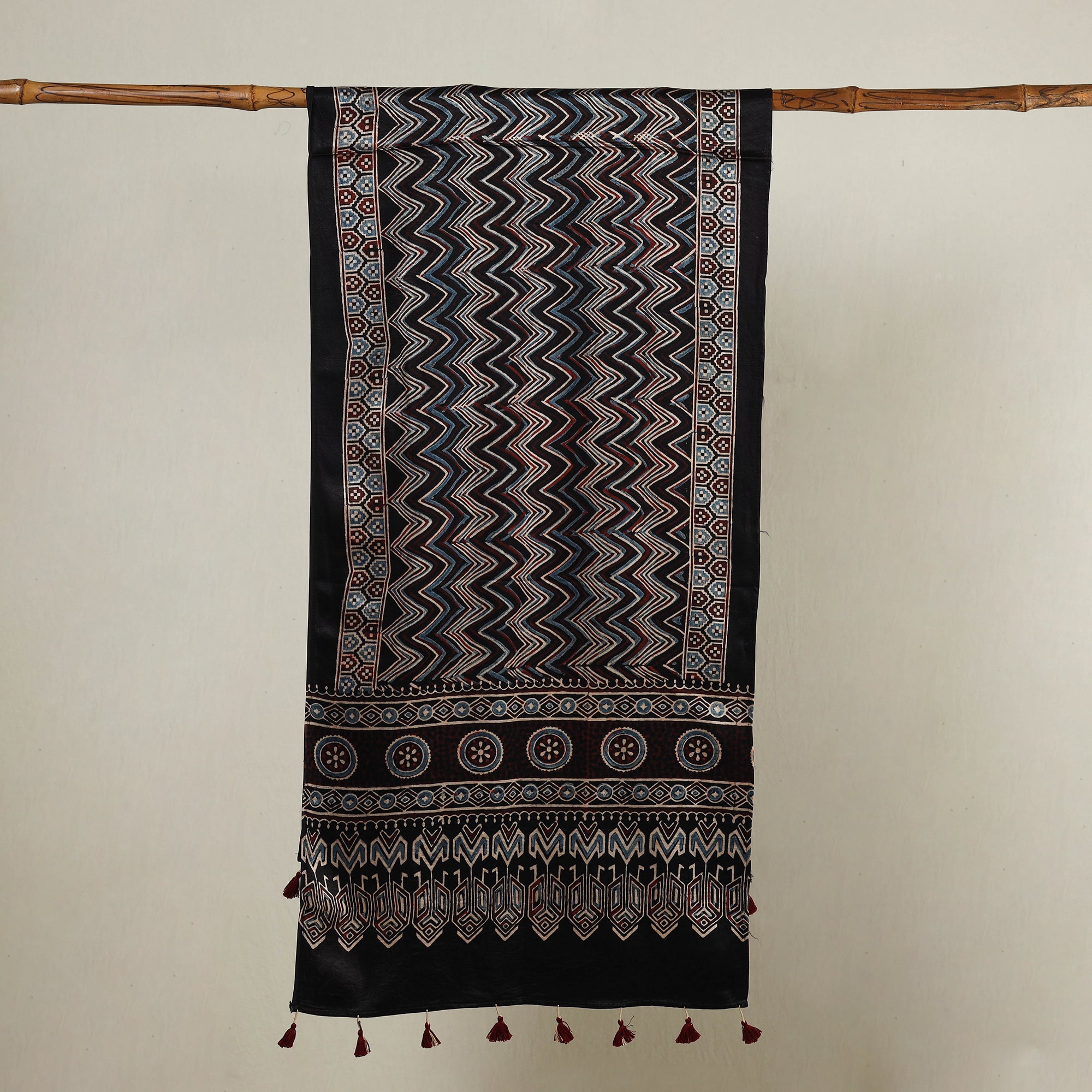 RIYAZ ABDULMAJID KHATRI - AJRAKH Black - Ajrakh Hand Block Printed Mashru Silk Stole with Tassels - view 2