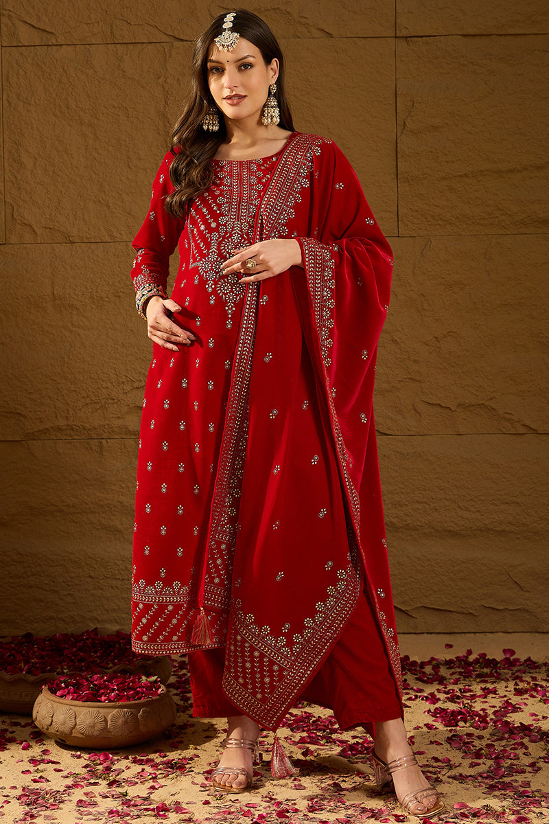 Ahika Red Velvet Ethnic Motifs Printed Straight Trousers Suit Set PKSKD2882