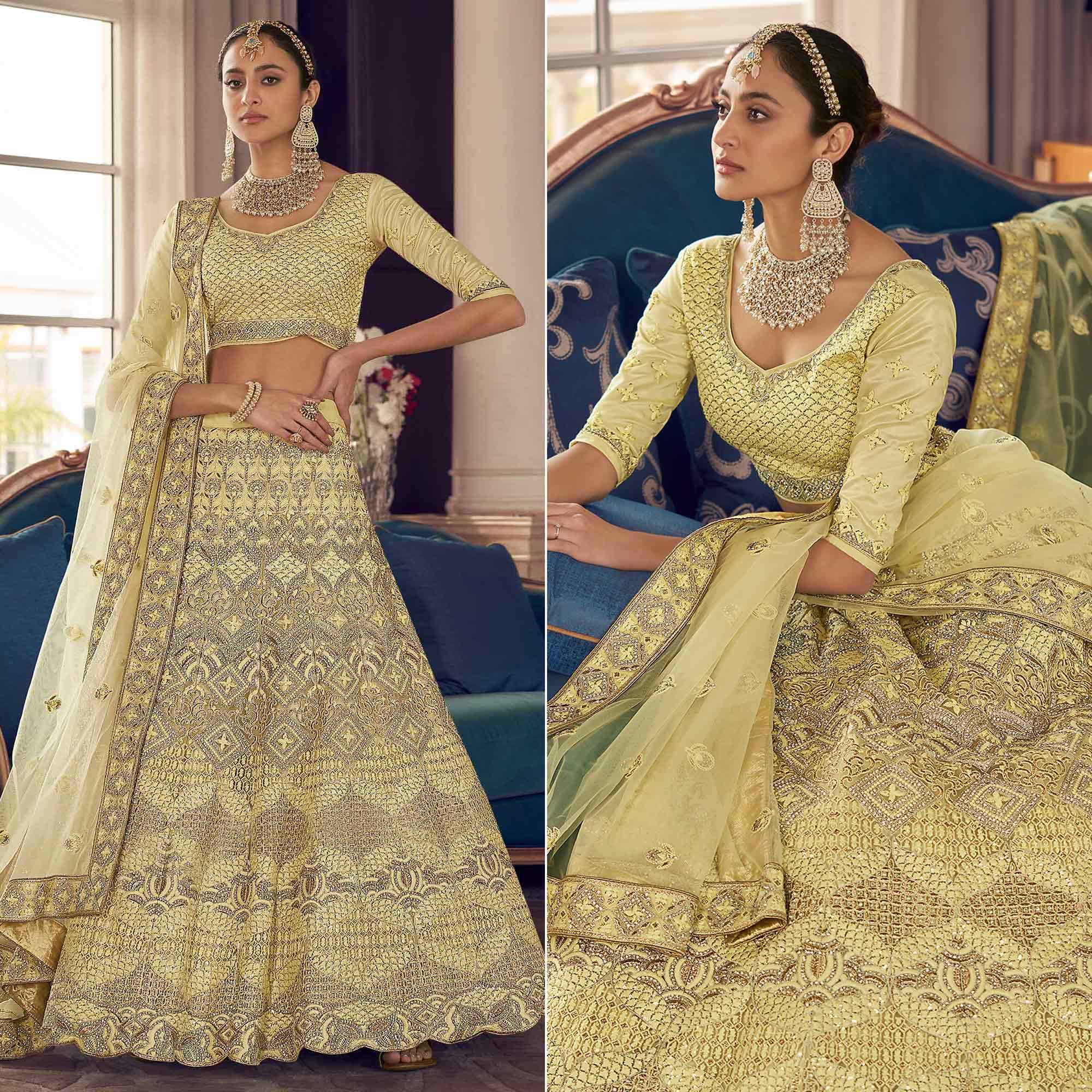 Peachmode Lemon Yellow Partywear Embroidered Organza Lehenga Choli