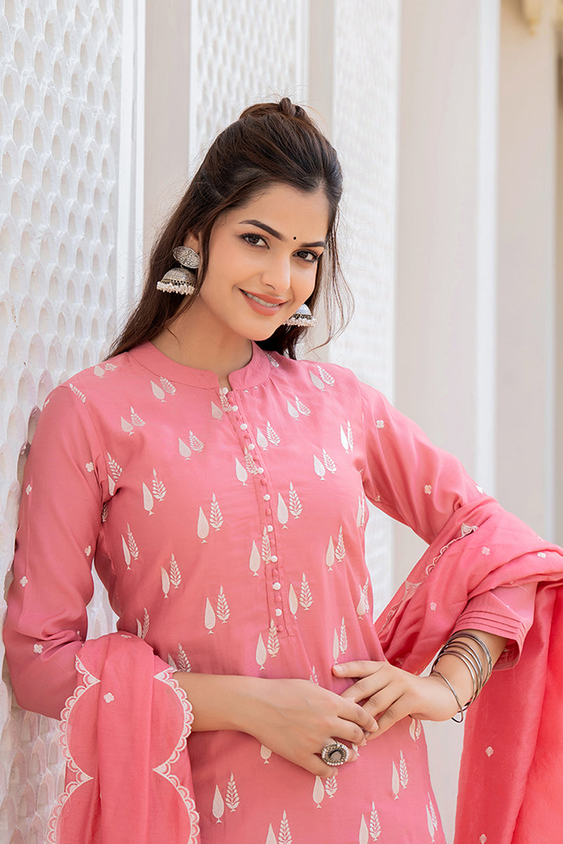 Ahika Pink Silk Blend Solid Embroidered Straight Suit Set With Trouser Bottom PKSKD2687 - view 3