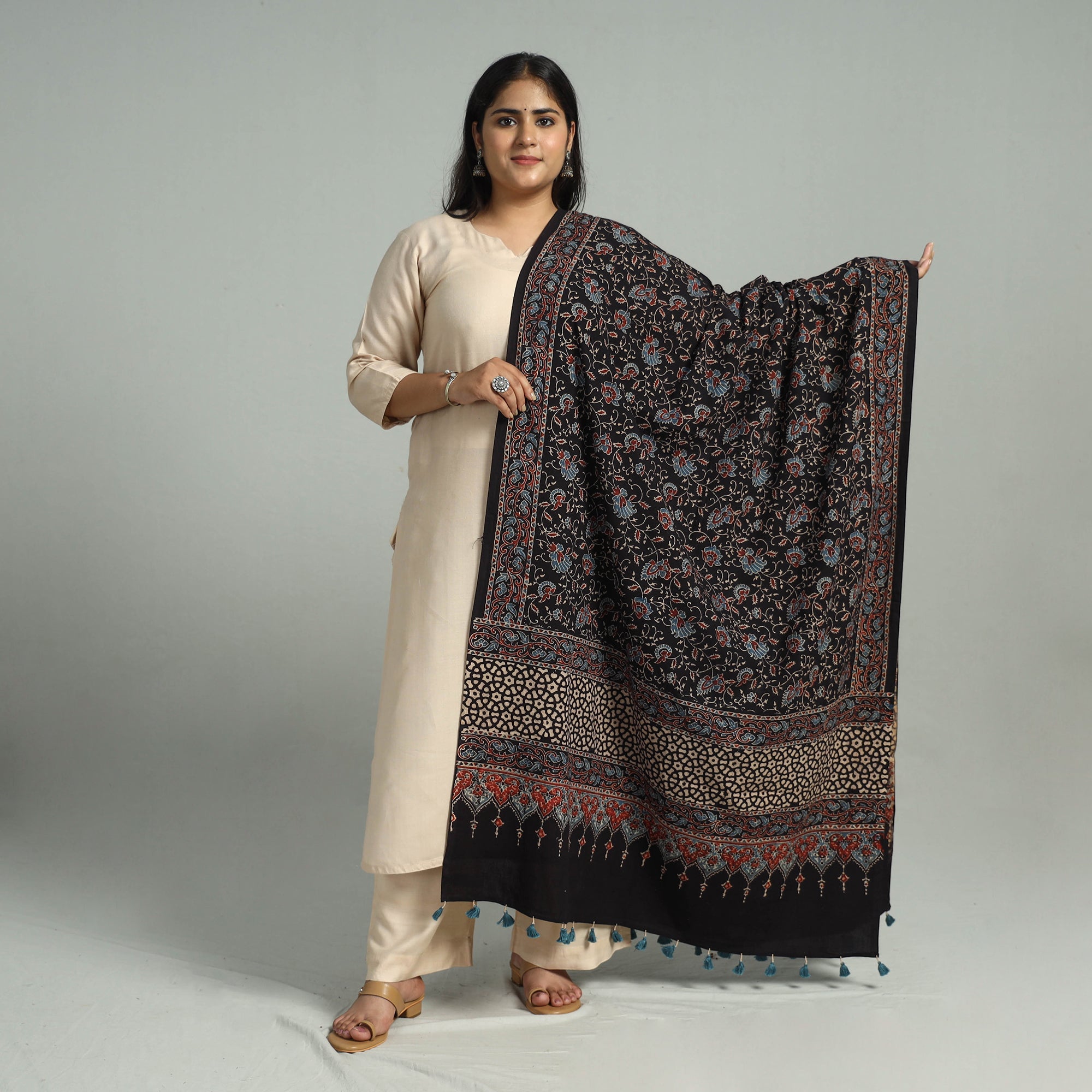 AJRAKH BY JABBAR KHATRI Black - Block Printed Cotton Ajrakh Dupatta 08