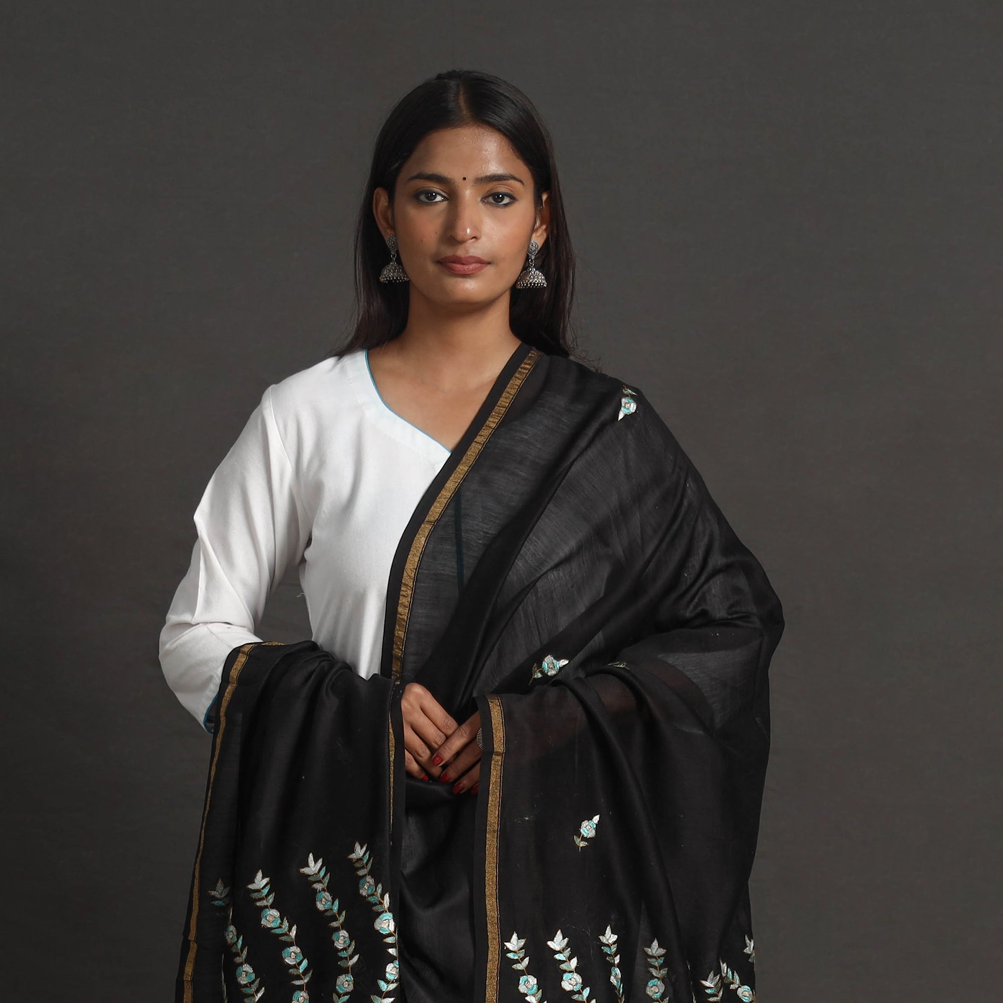 ITOKRI CRAFTS INITIATIVE Black - Handloom Chanderi Silk Kashida Embroidery Dupatta 31 - view 3