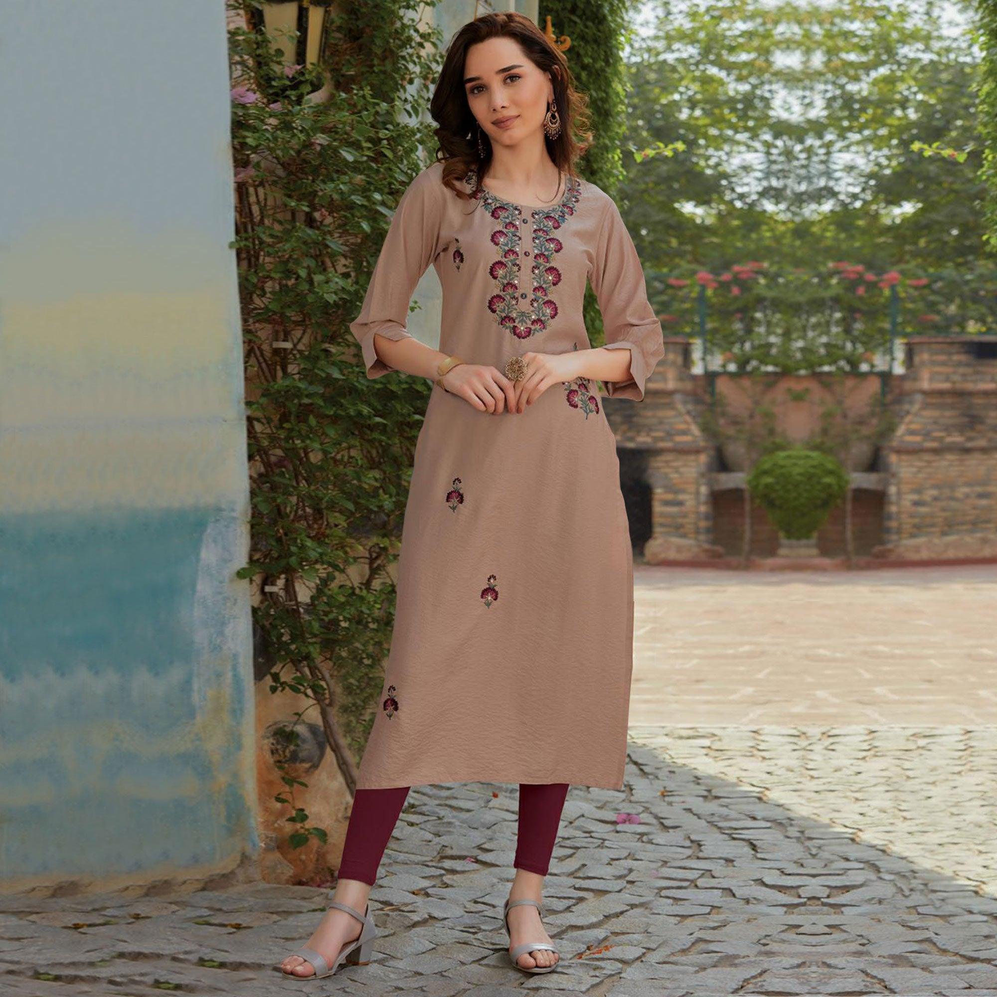 Peachmode Seller Mauve Embroidered Cotton Silk Kurti - view 2