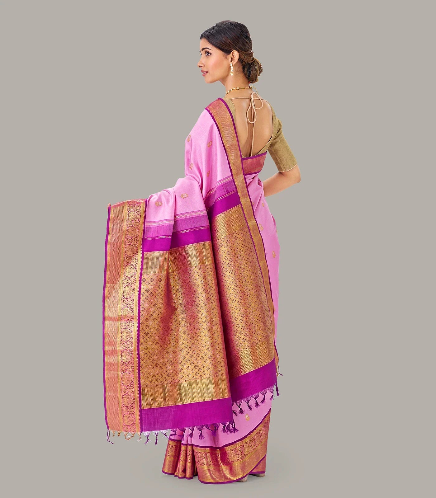 RmKV Baby Pink Handloom Kanchipuram Korvai Silk Saree With Zari Buttas - view 2