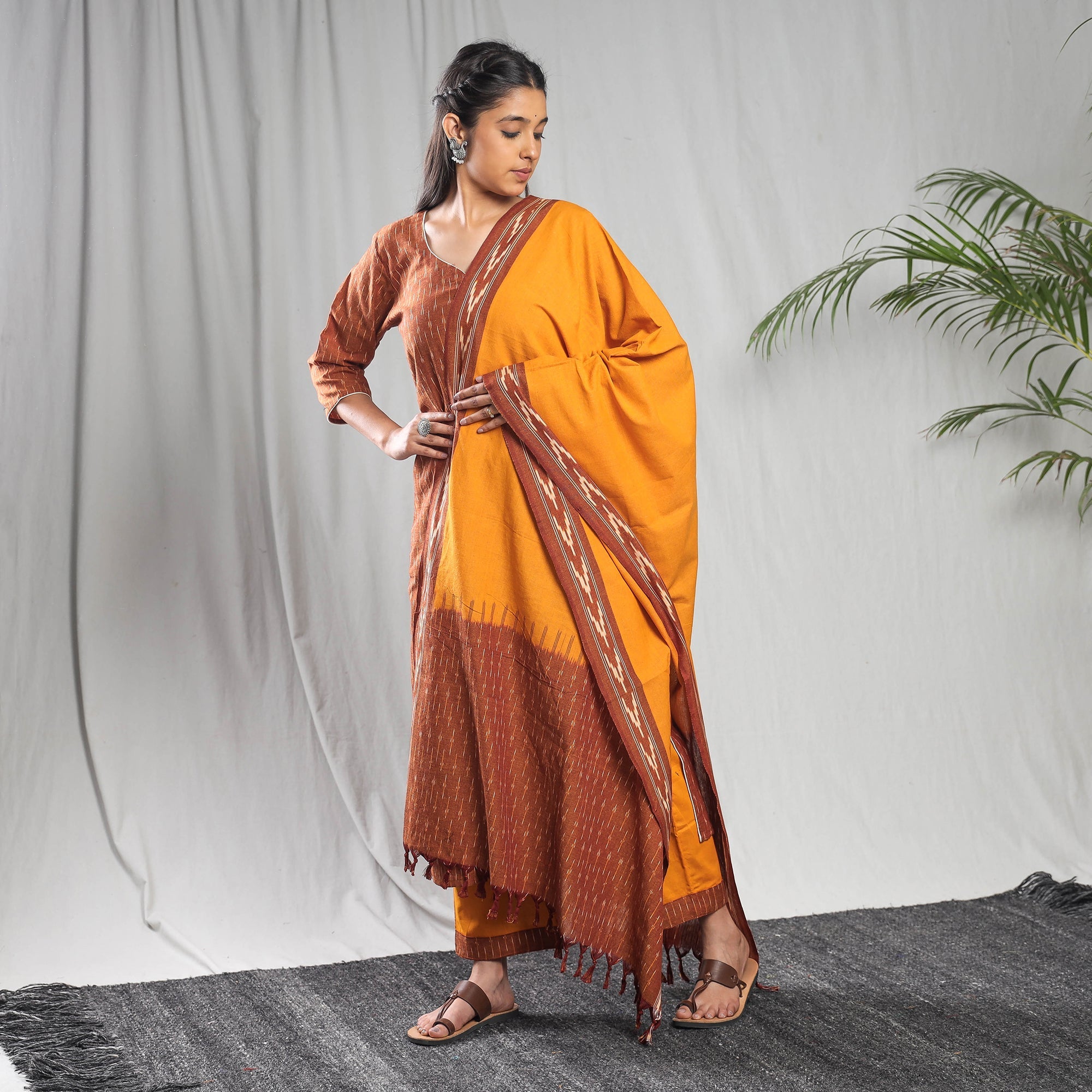 ITOKRI CASUALS Brown - Pochampally Ikat Cotton Kurta with Palazzo & Dupatta Set - view 2